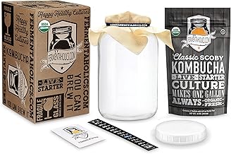 Kombucha Essentials Kit - Includes USDA Organic Kombucha SCOBY + 1-Gallon Glass Fermenting Jar with Breathable Cover + pH Strips + Rubber Band + Adhesive Thermometer - Brew kombucha at Home