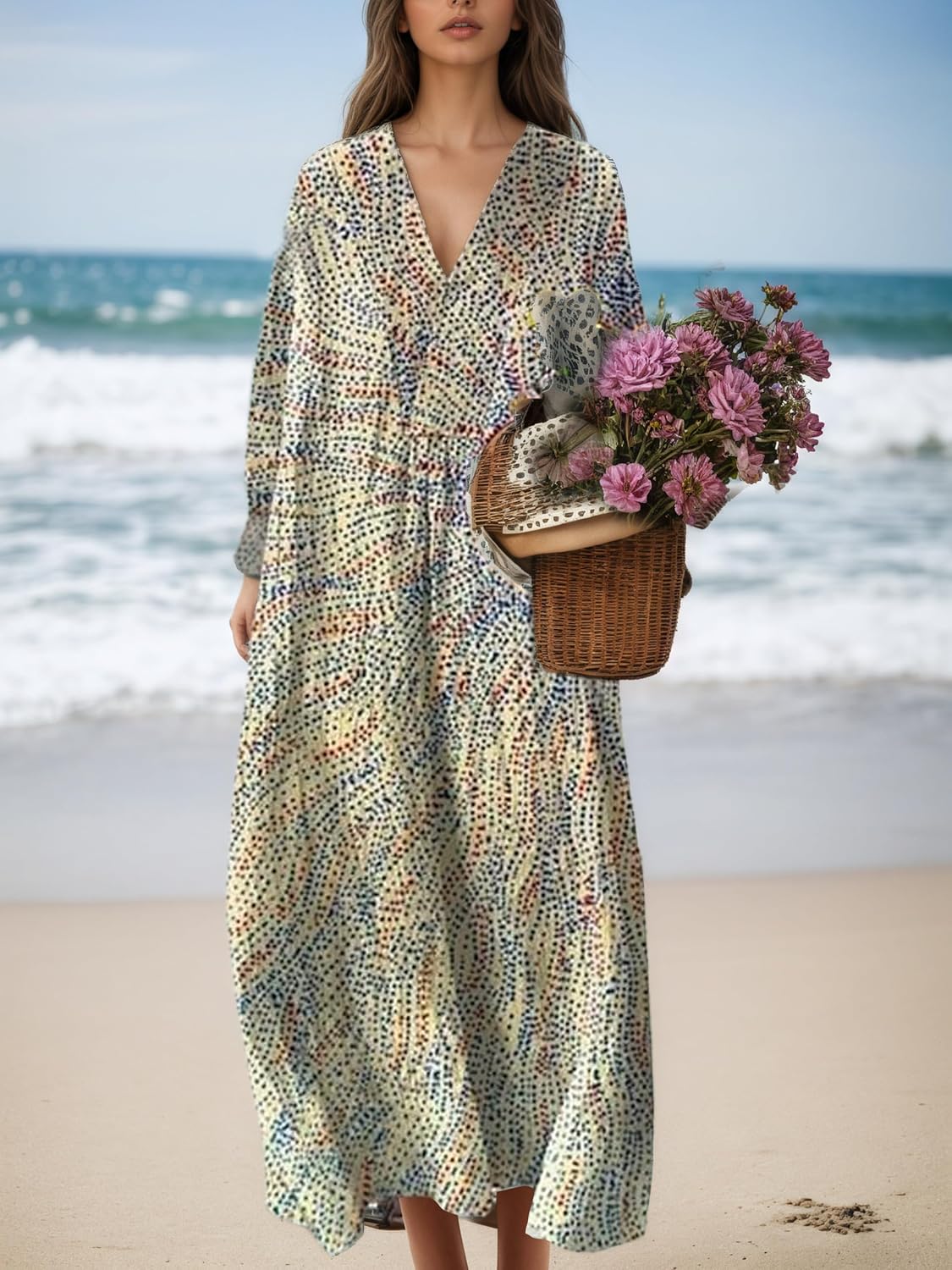 Akivide Women's Flowy Oversized Baggy Boho Floral V Neck Midi Dress Long Sleeve Casual Dress with Pockets - Image 2