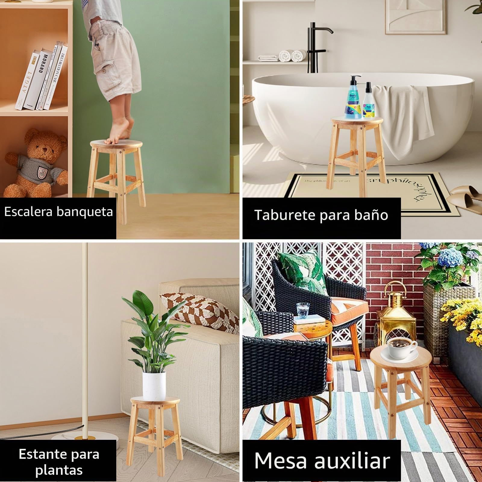 ASelected Taburete Redondo de Madera Maciza de 45 cm