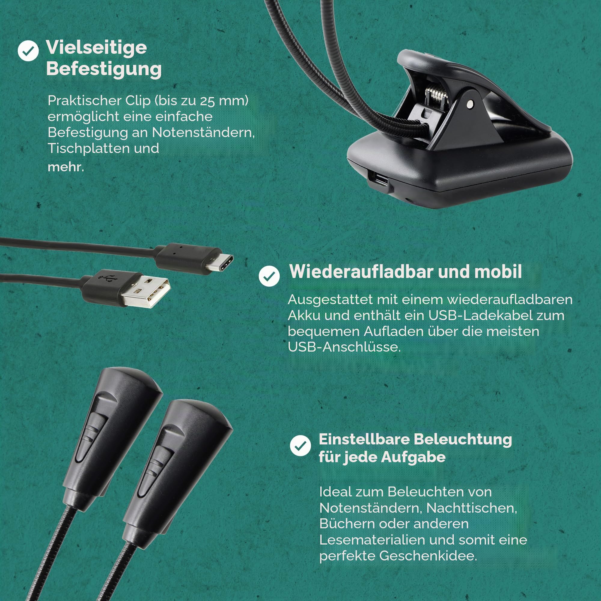 K&M 12259 Notenpultleuchte Double2 LED FlexLight Schwarz - mit Li-Ion-Akku, Clip, 2 flexible Schwanenhälse, 2x 1300 Lux