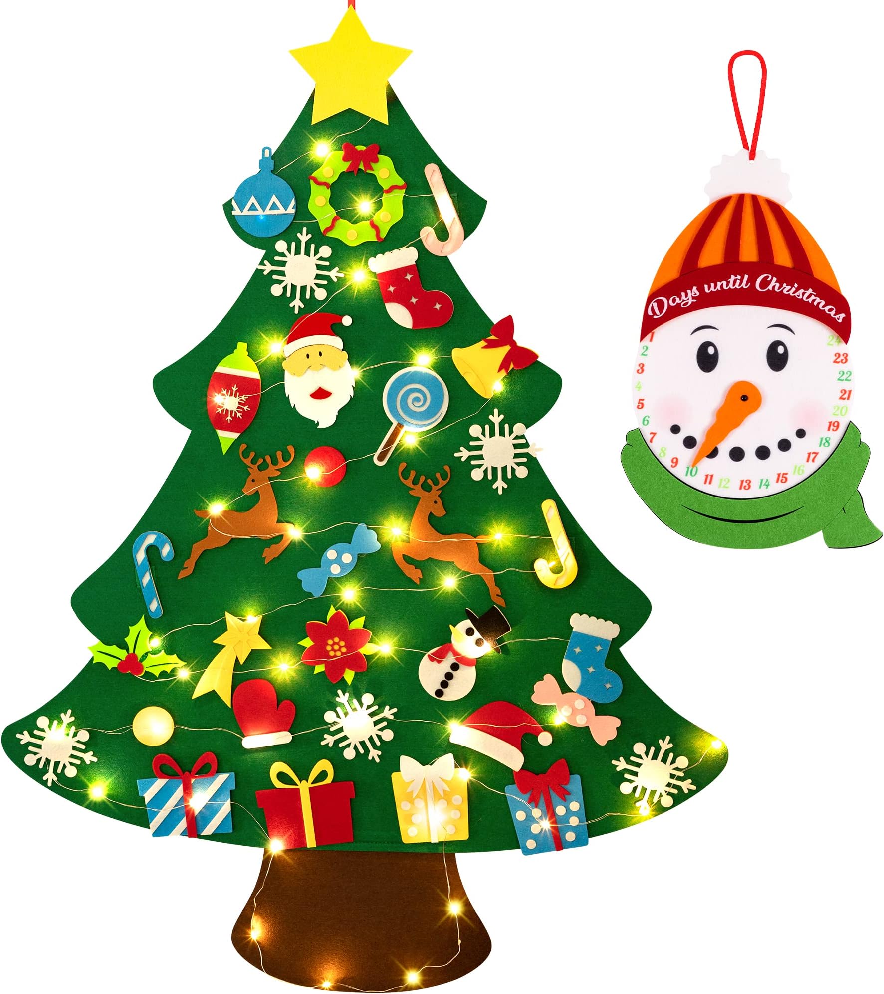 jollylife 3ft DIY Felt Christmas Tree Set + Snowman Advent Calendar - Xmas Decorations Wall Hanging 33 Ornaments Kids Gifts Party Supplies