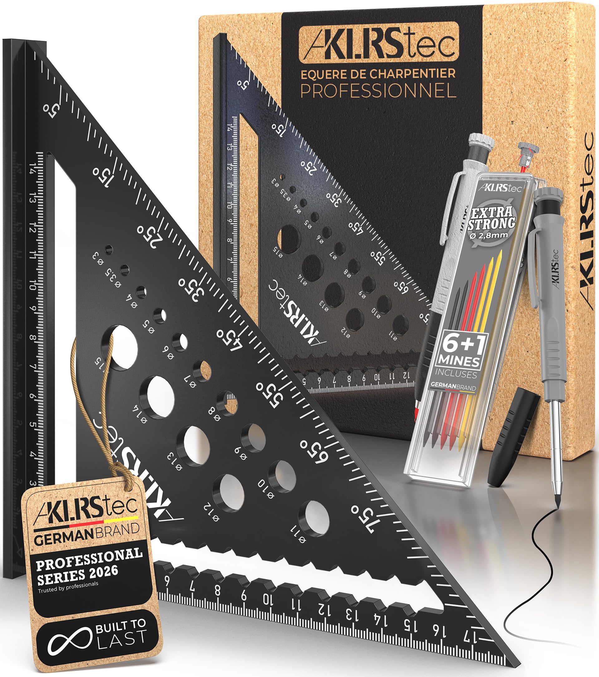 KLRS tec Kit d'équerre de charpentier professionnel – Kit d'équerre de menuisier de qualité supérieure avec marqueur à trous profonds [+mines] Ensemble d'outils d'équerre de mesure en métal