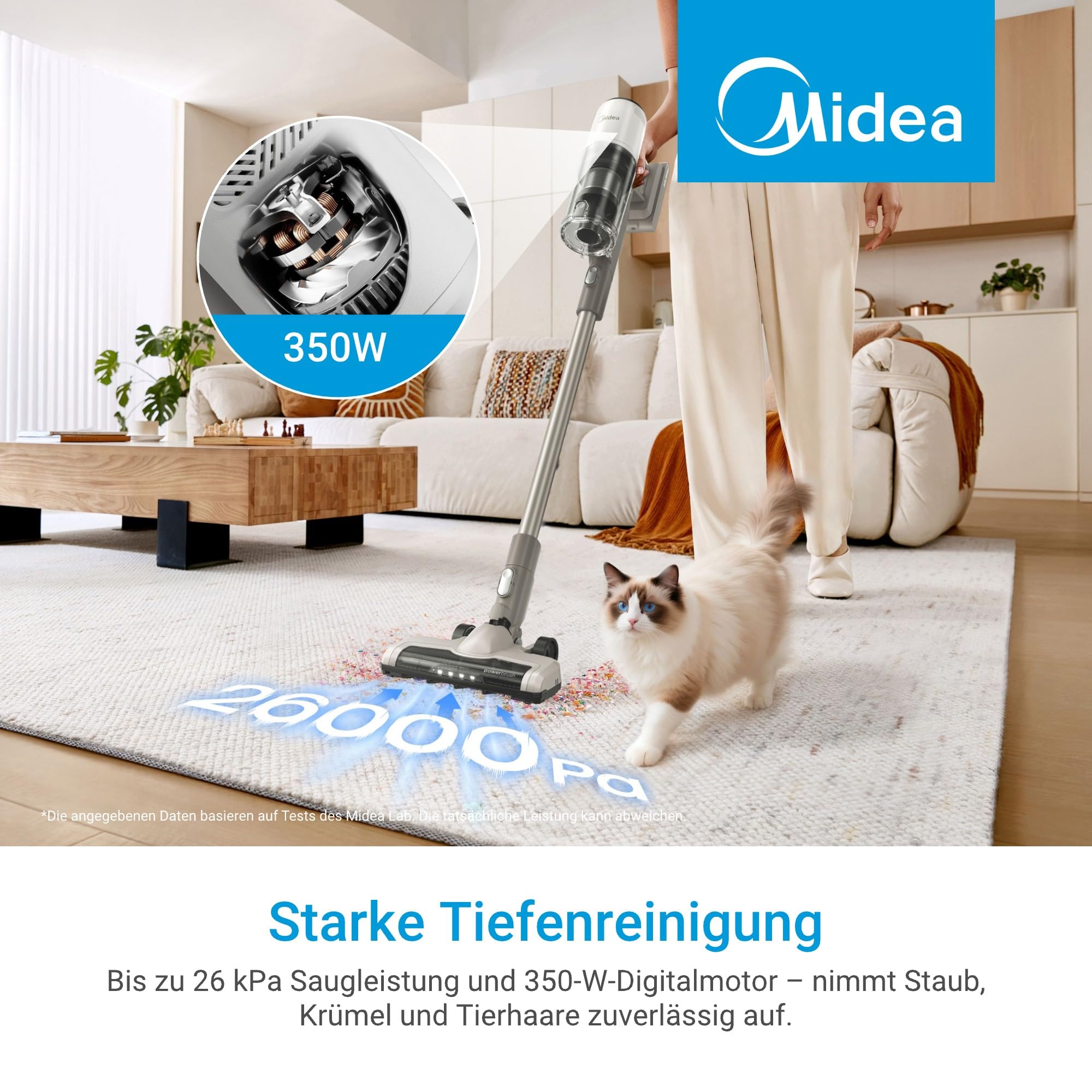 Midea P9 Lite Akku Staubsauger, kabelloser Stielstaubsauger 350 W, bis zu 26 kPa, bis zu 50 Min. Laufzeit, 5-stufiges Filtersystem, LED-Bodendüse, Handstaubsauger, 0,56 L, Weiß/Grau