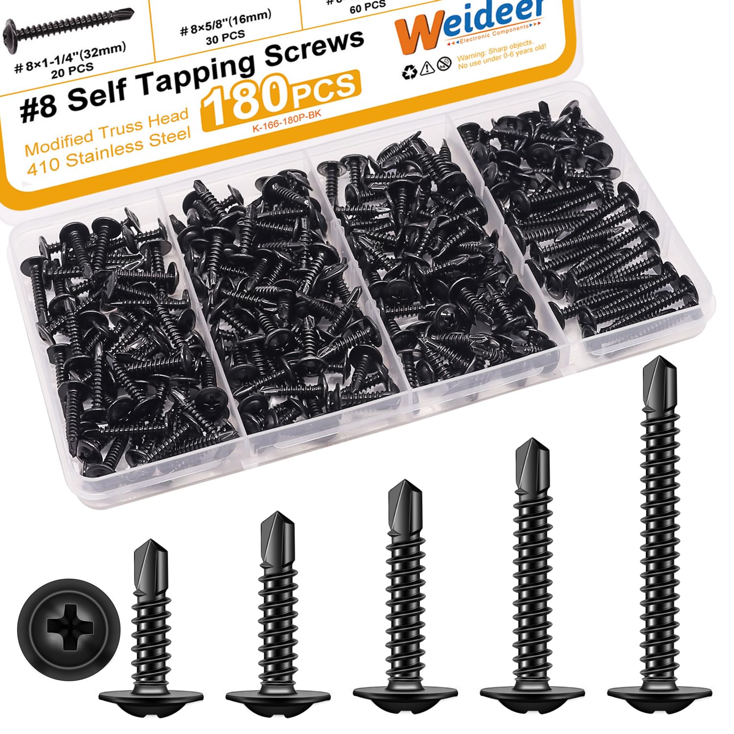 weideer 180pcs #8 Self Tapping Screws for Metal, Sheet Metal Screws, 410 Stainless Steel Black Oxide Truss Head Screws,Self Drilling Screws,Quick