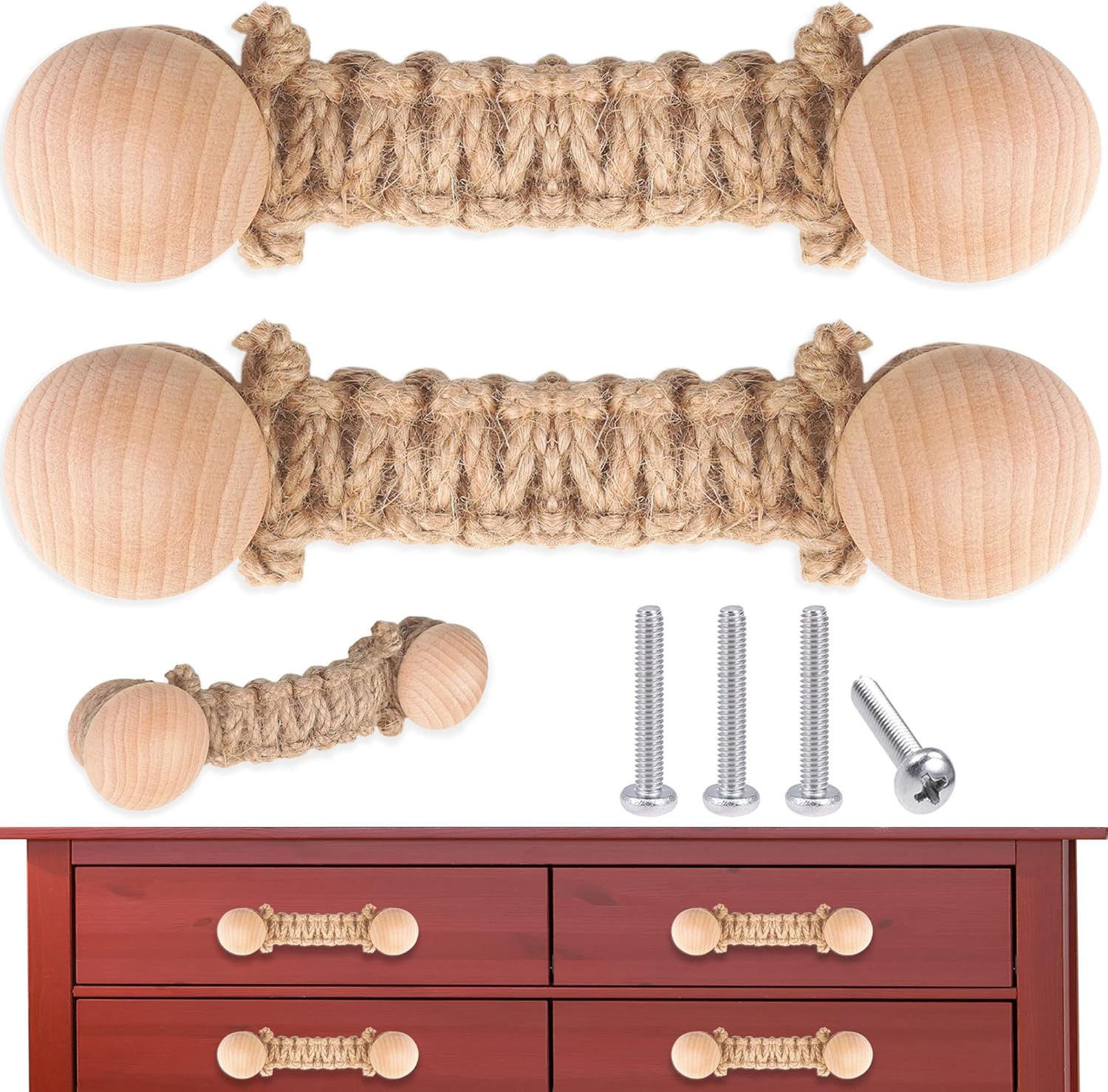 Fancymall 2 Pack Boho Rope Dresser Knobs Twisted Jute Rope Drawer Pulls