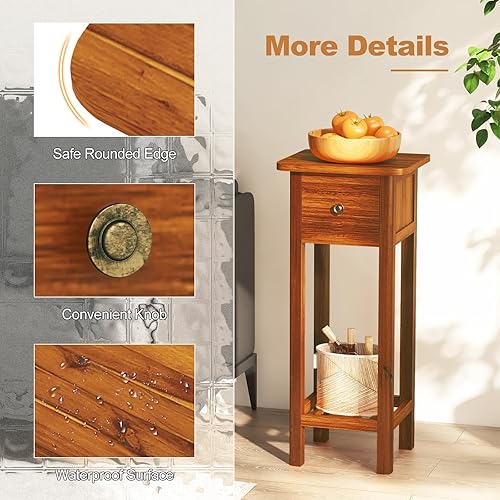 Miniatura 10 de Tangkula Mesa auxiliar estrecha de 2 niveles con cajón, mesa auxiliar alta de madera de acacia para espacios pequeños, mesita de noche delgada de