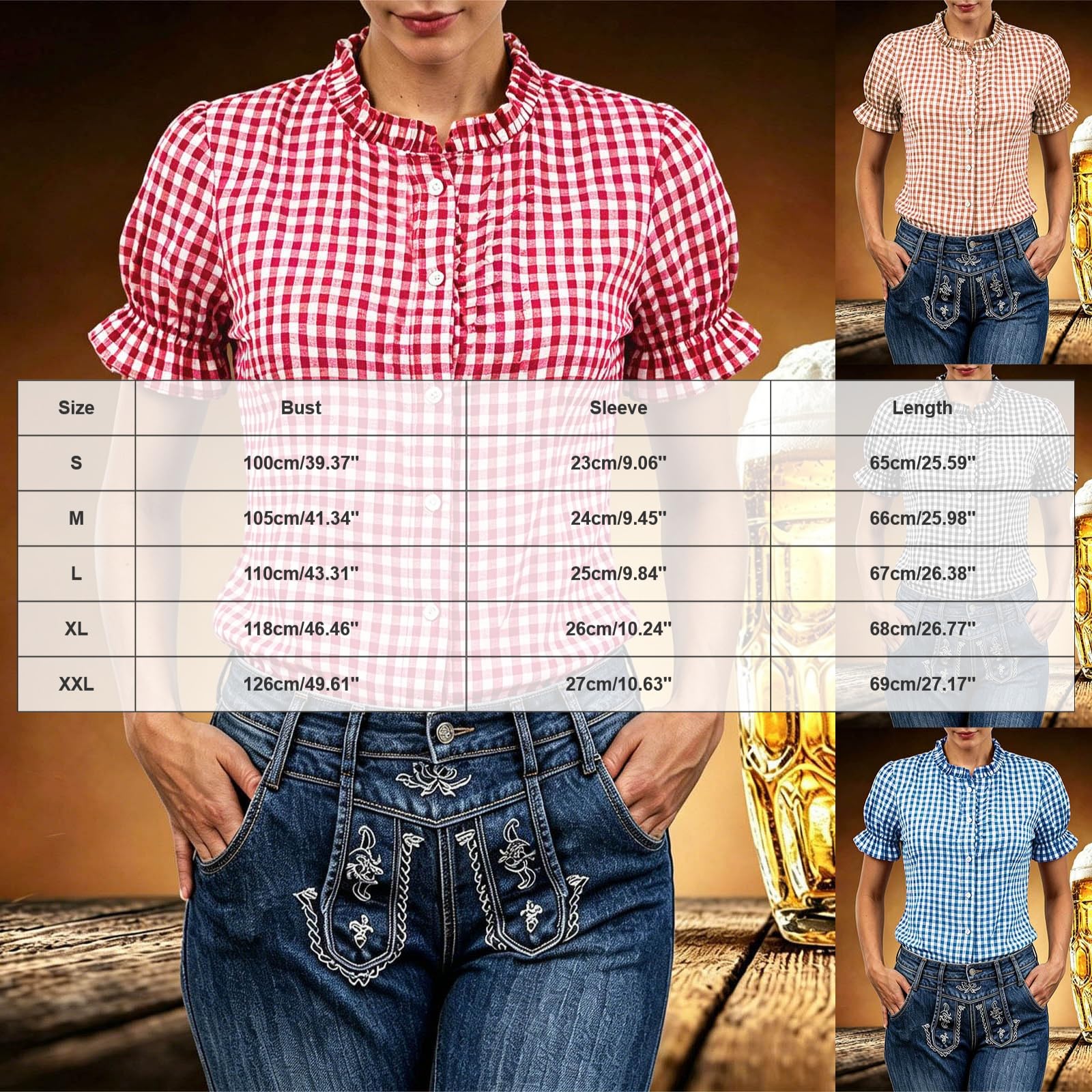 Trachtenbluse Damen Kurzarm Rot Weiß Karierte Bluse mit Knopfleiste Puffärmel Kariertes Trachtenblusen Oktoberfest Damen Outfit Moderen Bayrische Trachten Oberteil Trachtenshirt Karohemd