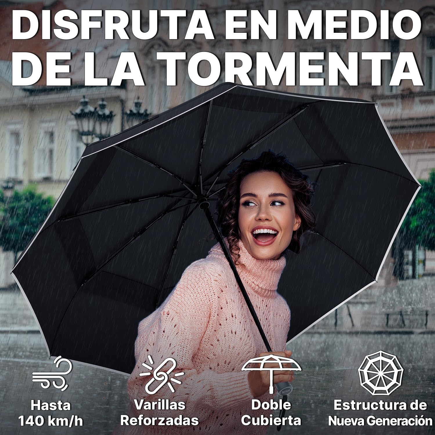 Royal Walk Paraguas de viaje plegable resistente al viento, compacto y fuerte, mango de madera auténtica, apertura automática, doble toldo ventilado para hombres y mujeres, Black, L, Moderno
