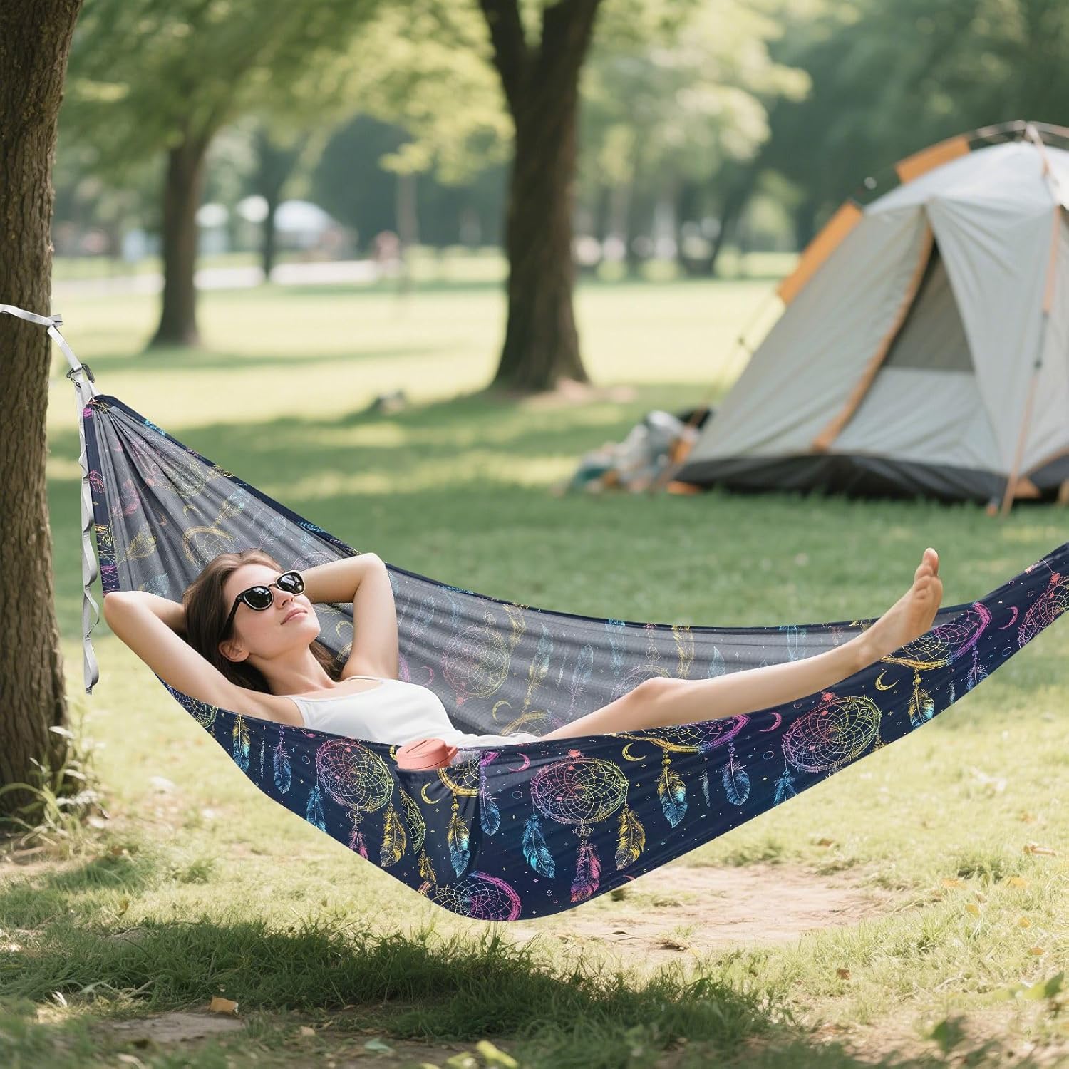 ALAZA Gradient Dreamcatcher Moon Camping Hammocks Single or 2 Person 500 lbs Portable Parachute Travel Hammock w/Tree Straps for Hiking Backpacking Indoor Outdoor