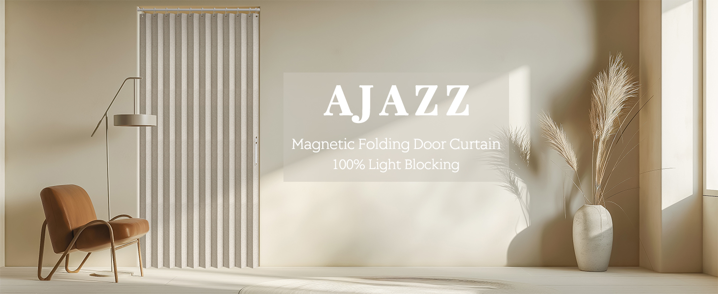 AJAZZ Magnetic Accordion Door Curtain - Room Divider Blackout Curtain With Rod, 53x78 Inches, White
