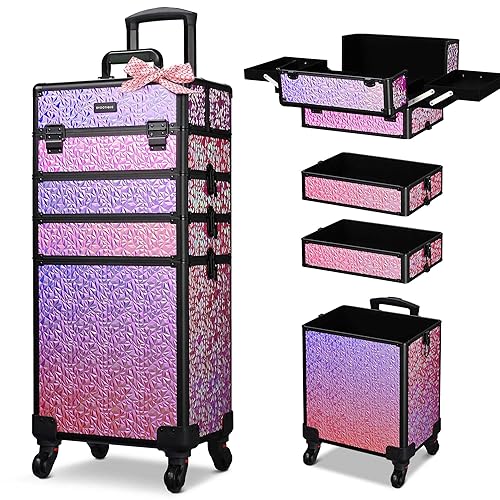 BYOOTIQUE Rolling Makeup Train Case on Wheels 4in1 Cosmetology Profesional Travel Cosmetic Bag Lockable Organizer Box for Hairstylist Artist Nail Beauty Salon Barber,Mermaid Pink - XLarge - Mermaid Pink