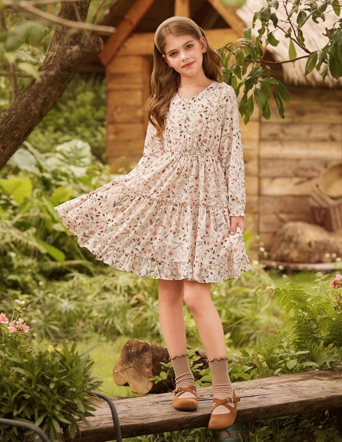 GRACE KARIN Girls V-Neck Floral Dresses 6-14Y Kids Long Sleeve Casual Fall Winter Christmas Holiday Hawaiian Flower Dress - Image 8