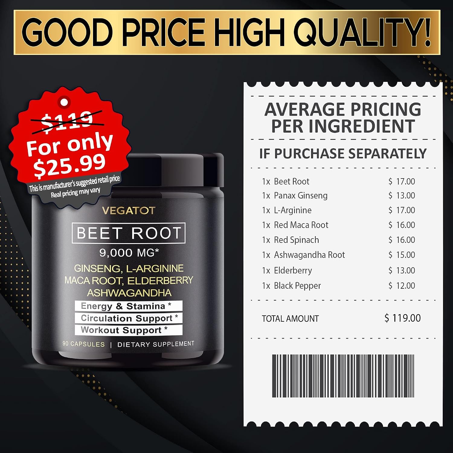 VEGATOT Beet Root 𝟵,𝟬𝟬𝟬𝗠𝗚 *USA Made and Tested* Concentrated Extract with Ginseng L-Arginine Maca Root Spinach Ashwagandha - Energy Stamina Cardiovascular Immune Support