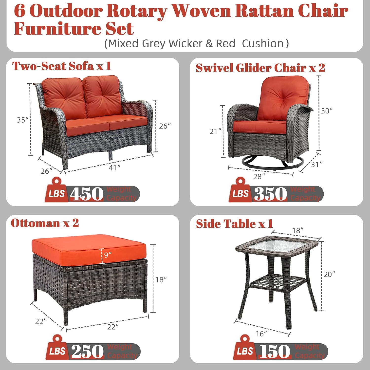 Patio Furniture Conversation Set with Ottomans, 6 Piece Wicker Patio Swivel Rocking Chairs with 360° Swivel Glider and Glass Coffee Table for Porch, Deck, Garden,Red