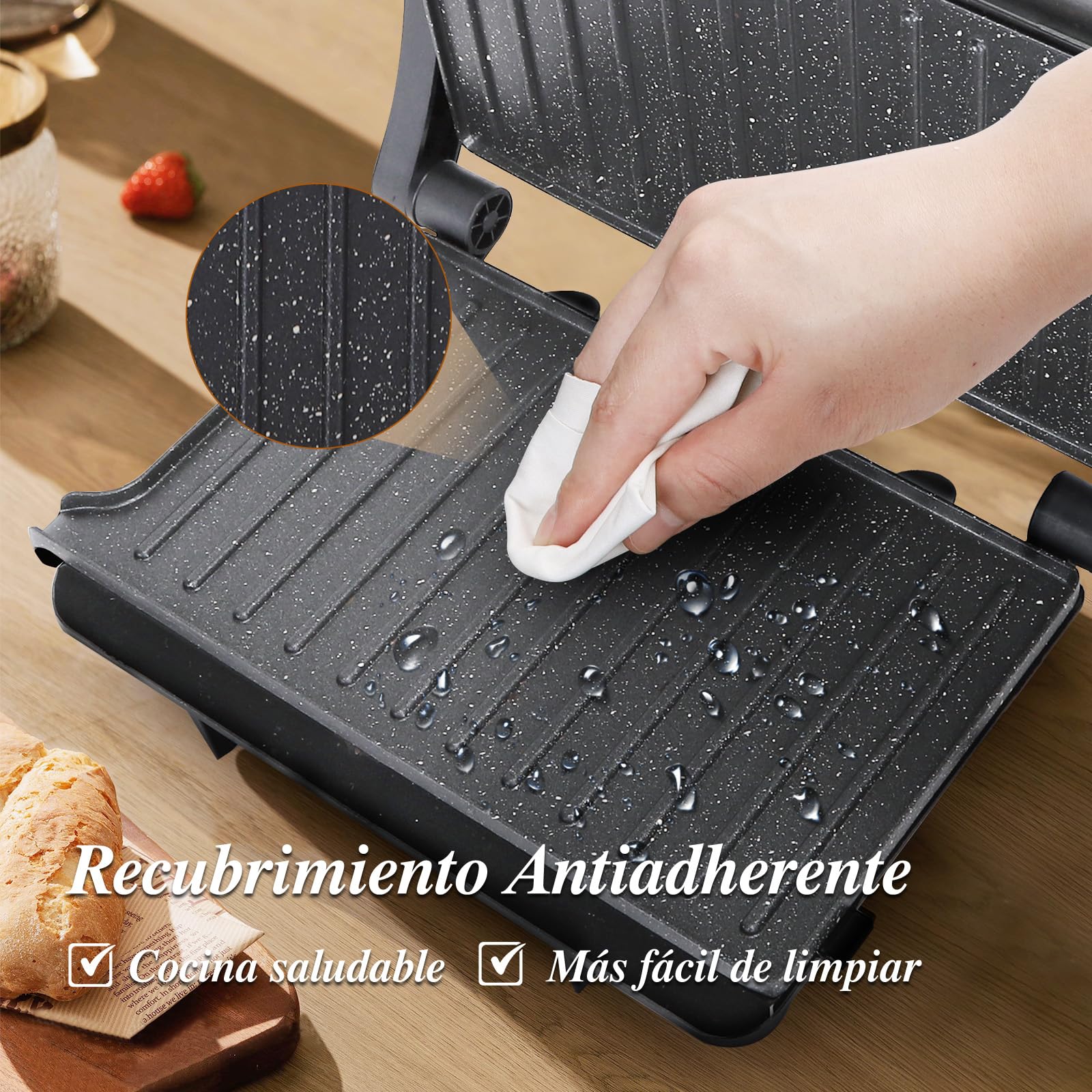 Aigostar York Pro - Sandwicheras y Panini, Parrilla Eléctrica, Grill con Placas Antiadherentes, 1000W, Apertura de 180º Dos Superficies de Cocinado de 23 x 14.5cm, Pinza de Cierre.