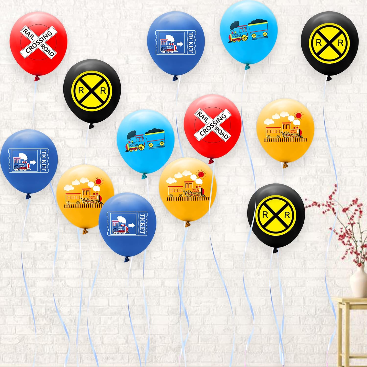 PANTIDE 52 Pcs Railroad Crossing Train Balloons Set 12 Inches Latex Balloons Bouquet with Ribbon Railway Choo Choo Steam Train Traffic Sign Party Decorations Supplies for Kids Birthday Baby Shower - Image 4