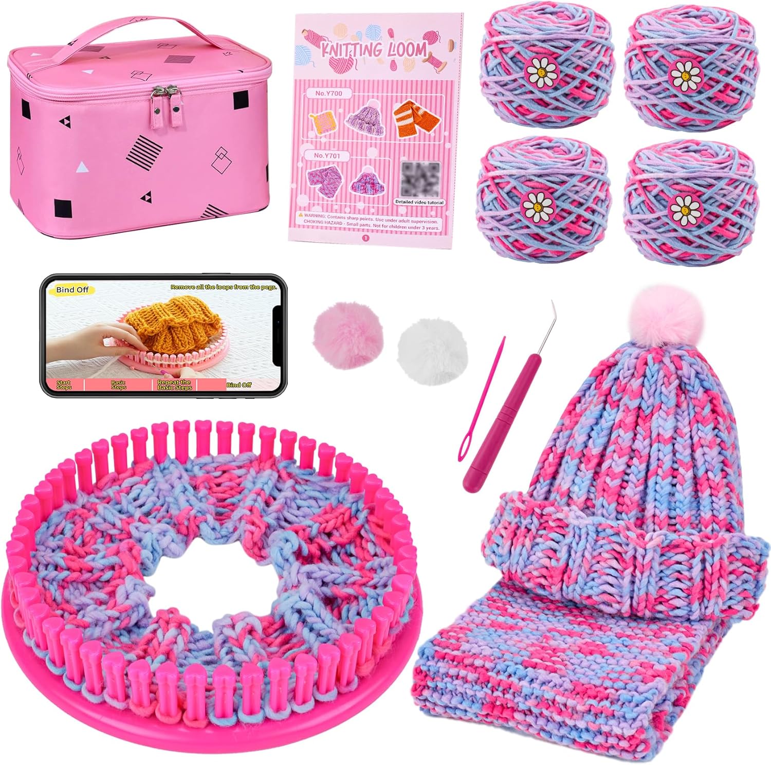 AHCo. Knitting Loom Kit for Girls Ages 6 7 8 10 11 12 – DIY Yarn Craft Set with Looms, Hooks, Storage Bag and Tools, Create Hats, Scarves, Coasters – Fun Gift for Beginners and Kids (Rose)