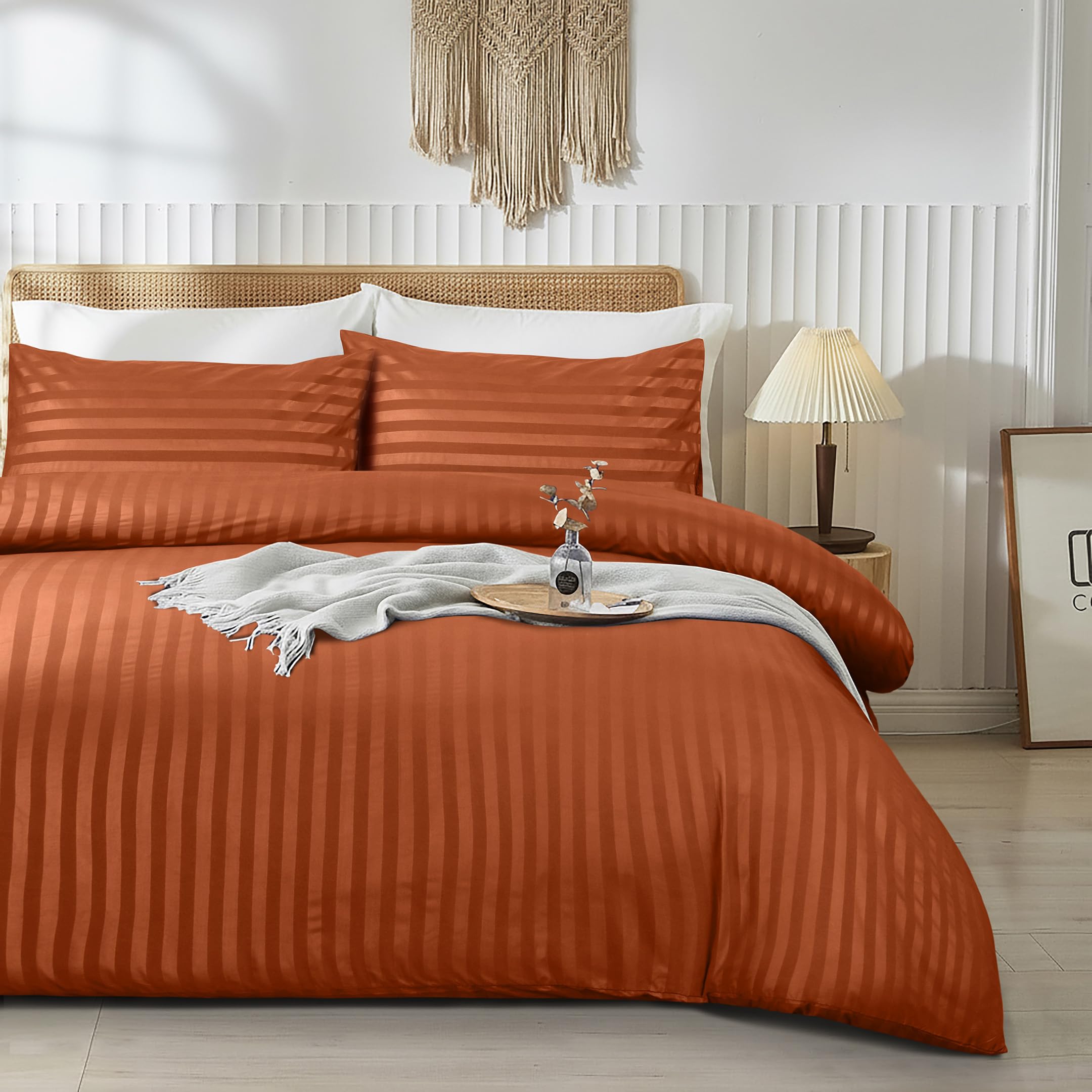 JEB TIFL Premium Hotel Quality Satin Stripe Duvet Cover Set - Quilt Cover Bedding Sets with Pillowcases - Soft Microfiber Quilt Bedding, Hypoallergenic Button Closure Bed Covers (Rust, Double)