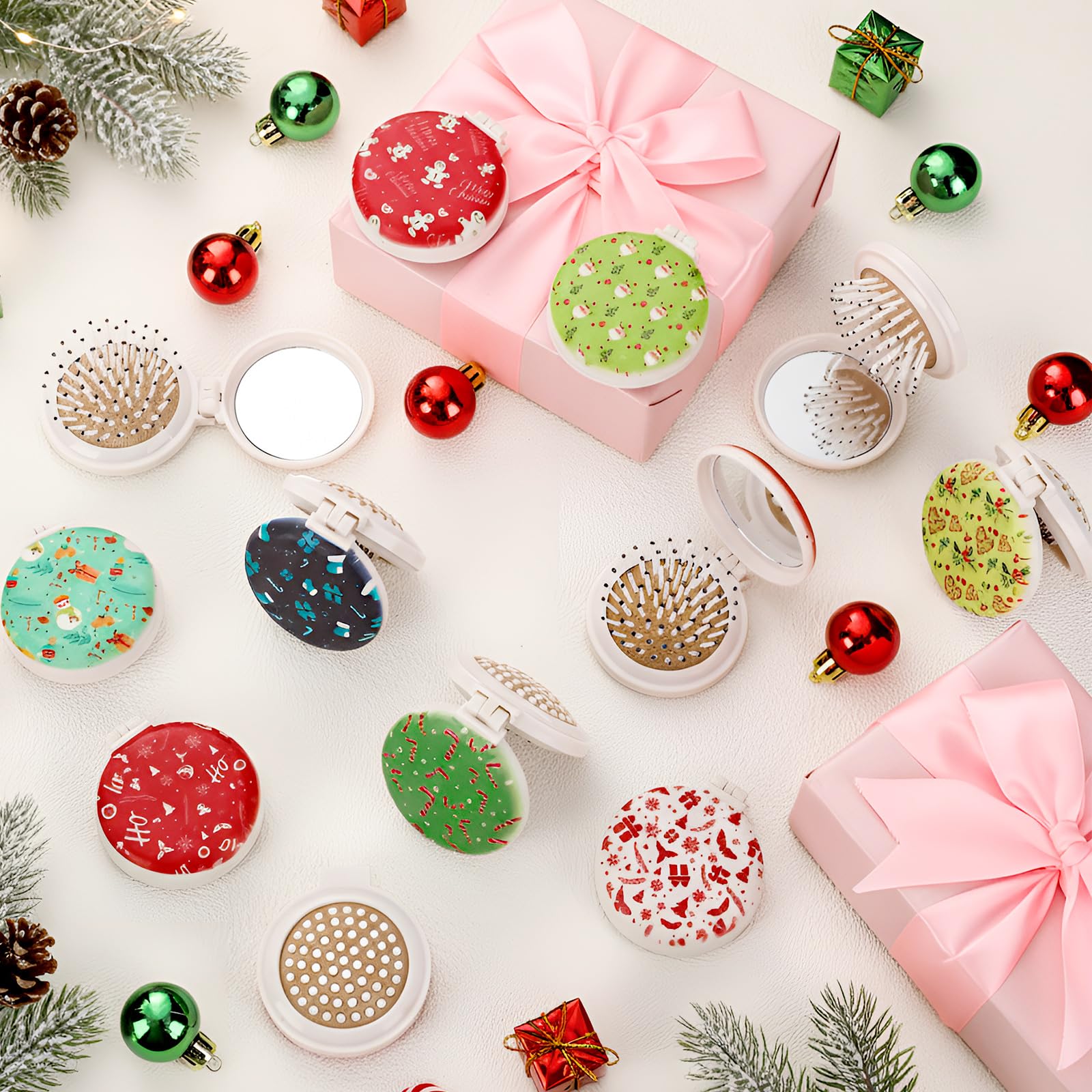 Thyle 12 cepillos de Navidad con espejo, mini cepillo desenredante plegable, regalo para Navidad, mini cepillos de pelo de viaje, accesorios para niñas, regalos de vacaciones, rellenos de calcetines
