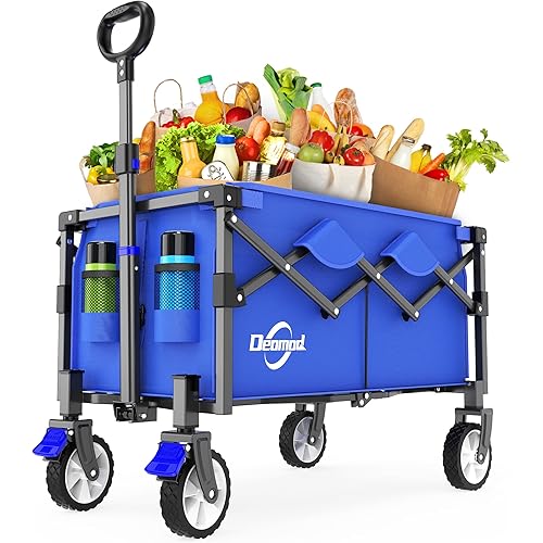 Collapsible Wagon Cart Foldable with 200lbs/80L Weight Capacity, Utility Grocery Shopping Cart with Wheels, Lightweight Portable Folding Wagon with Locking Caster, Blue