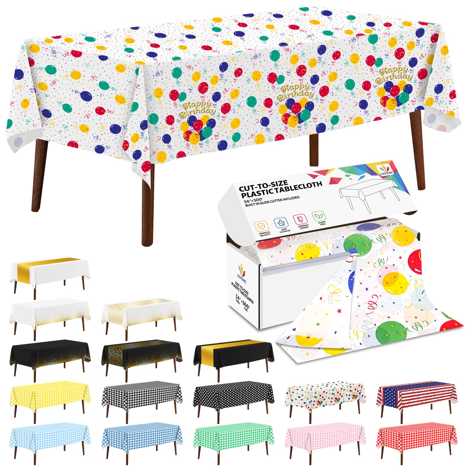 CXPSINC 54 Inch X 300 Feet Plastic Table Cover Roll Disposable Tablecloth with Slide Cutter for All Type/Shape Tables | Party, Banquet, Birthdays, Weddings(Balloon, 300 Feet)