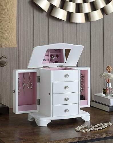 Miniatura 6 de Stufurhome Snow - Joyero de 4 cajones con 2 compartimentos laterales y un compartimento superior con soporte para espejo y anillos, color blanco