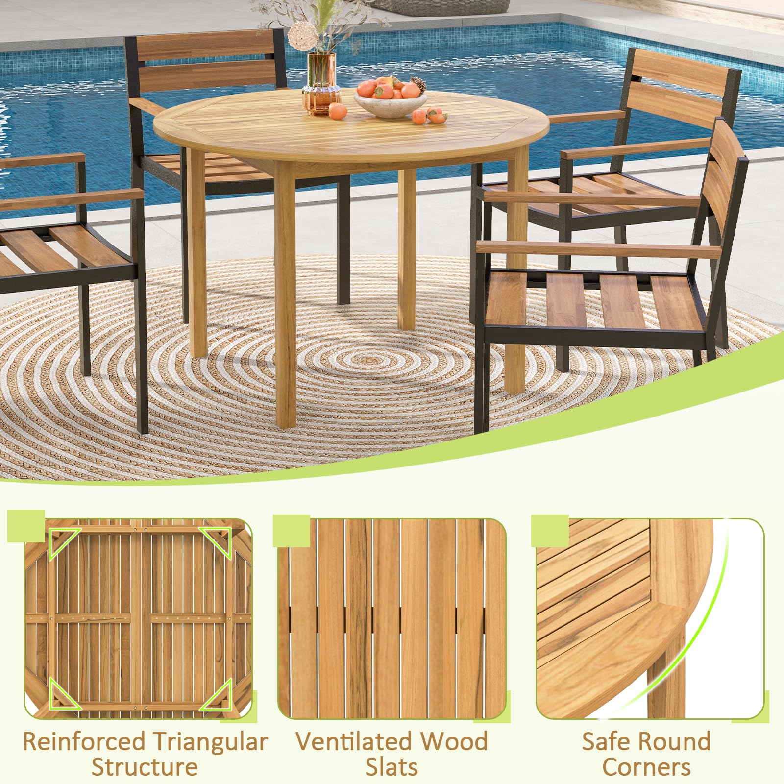 KOMFOTTEU Tavolo da giardino in legno di acacia rotondo diametro 100 cm | Tavolino outdoor resistente alle intemperie per 4 persone per cortile terrazza prato