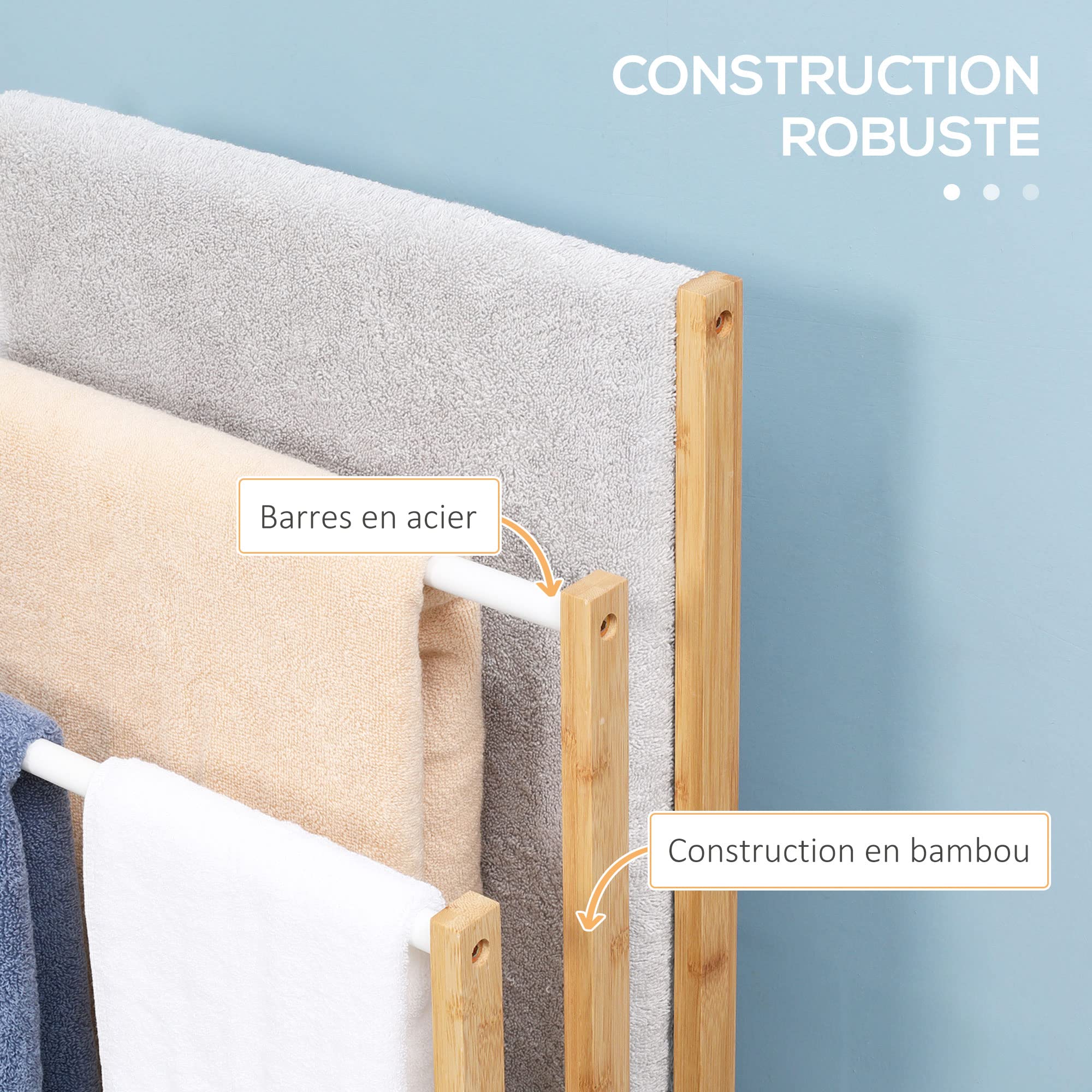 HOMCOM Porte-Serviettes en Bambou sur Pieds avec 3 Barres Support pour Serviette étagère de Salle de Bain - 48 x 25,8 x 94 cm