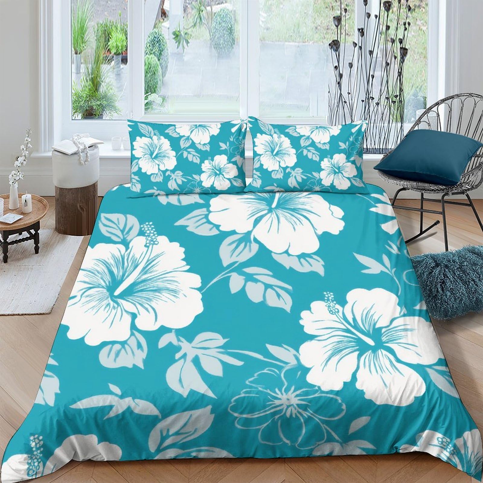 GPLZQXKJNH 3D Printed Tropical Hibiscus Duvet Cover Set Microfiber Soft Breathable Floral Bedding Set with 2 Pillowcases for Bedroom Decor Single（135x200cm）