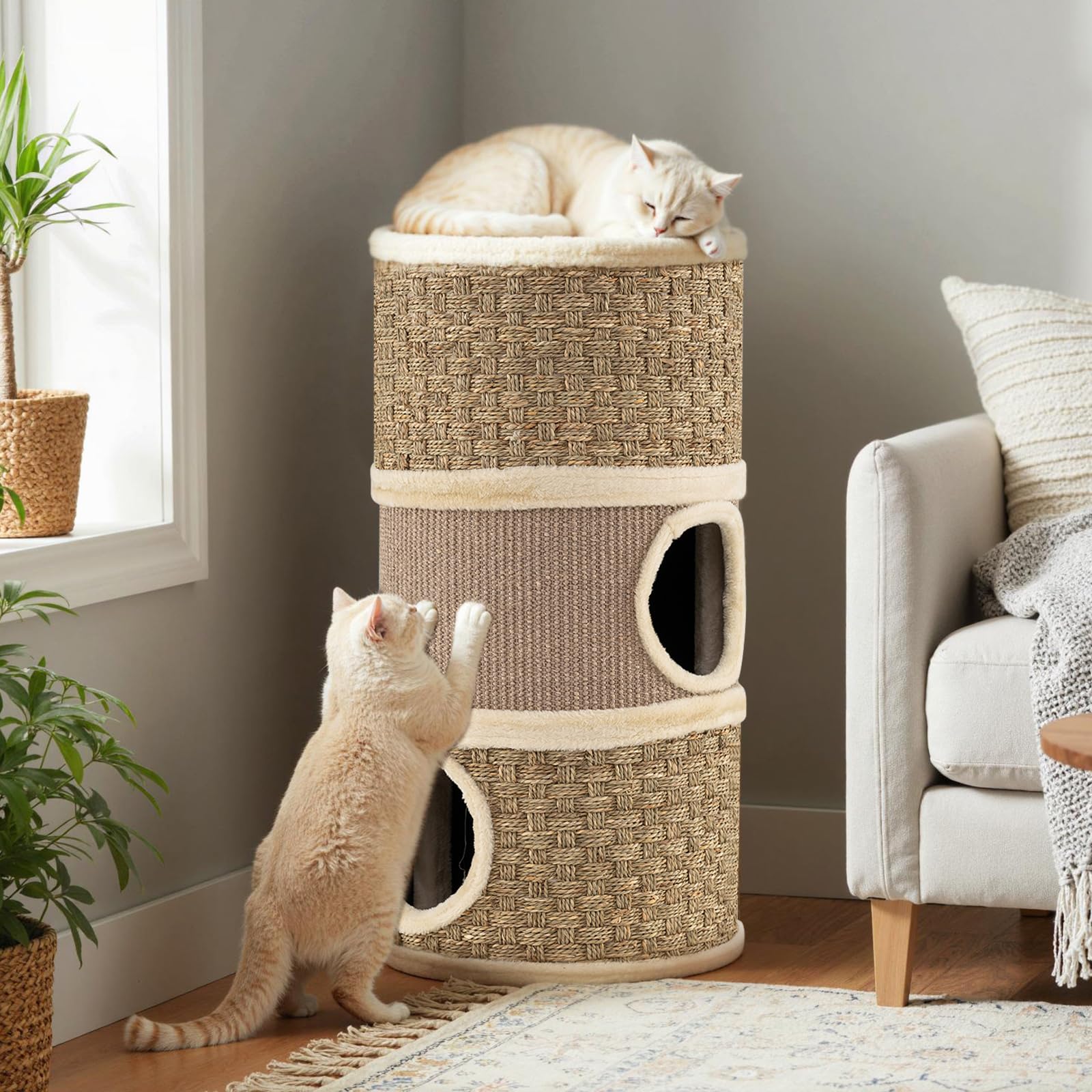 COSTWAY Barril Rascador para Gatos de 3 Pisos, 70 cm Torre para Gatos con Poste Rascado de Sisal con Cama Acolchada, Árbol Rascador para Gato en Forma de Barril, Casa para Gatitos de Interior