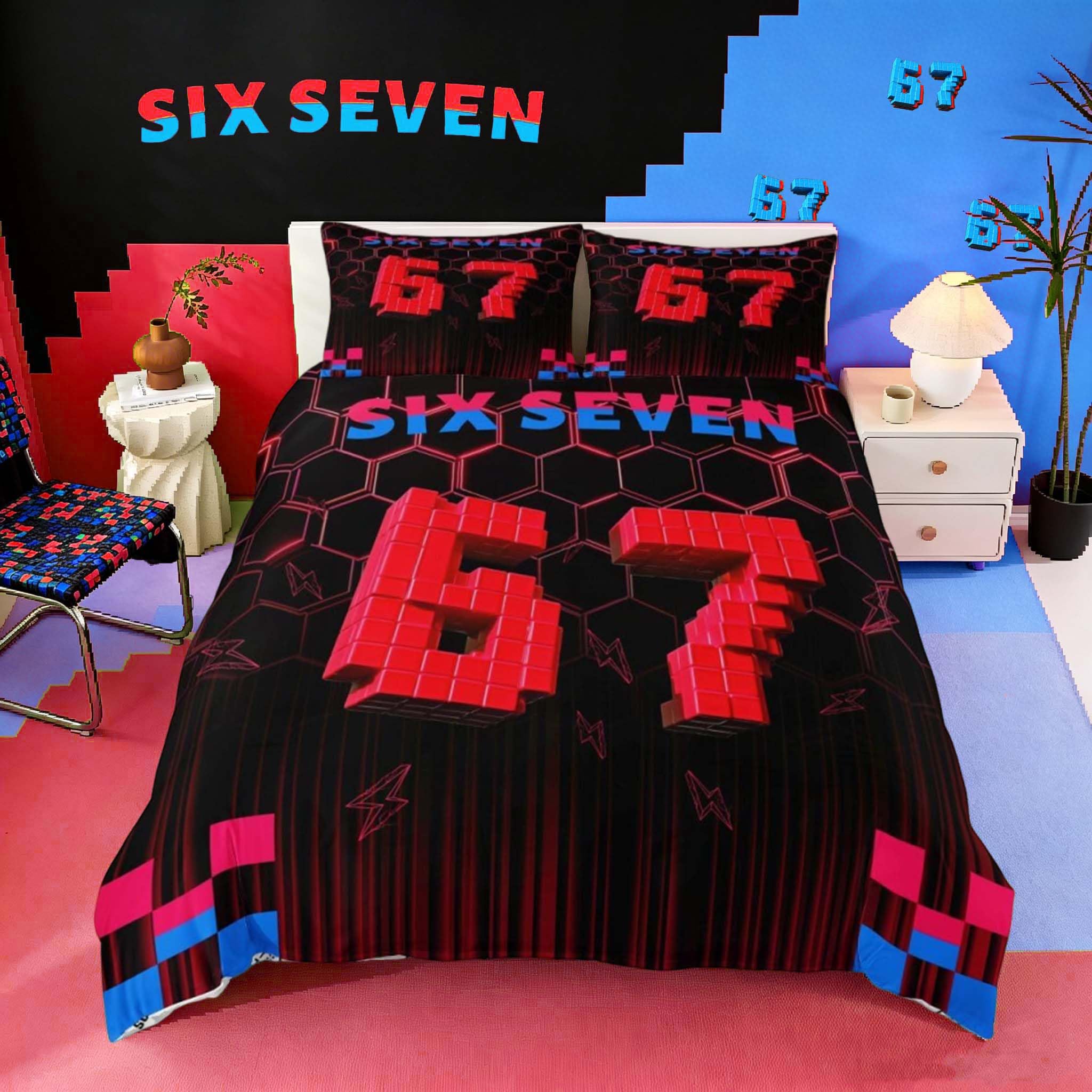 Loussiesd 3D Pixel 6-7 Duvet Cover Set King Size for Kids Boys Girls Red Honeycomb Six-Seven Bedding Set Geometric Hexagonal Duvet Cover with 2 Pillowcases Meme 67 Bedding