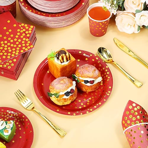 Miniatura 4 de Sieral 560 piezas de suministros de fiesta rojos y dorados para 80 invitados, platos desechables de papel rojo, servilletas, vasos, tenedores de