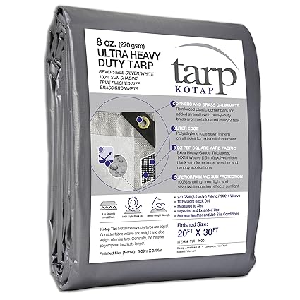 Kotap 20 x 30 Ft. Ultra Heavy-Duty Protection/Coverage Tarp, Superior Weave for Greater Longevity, 16-mil, Reversible, Multi-Use, Waterproof, Silver-White, 1-Pack (TUH-2030)