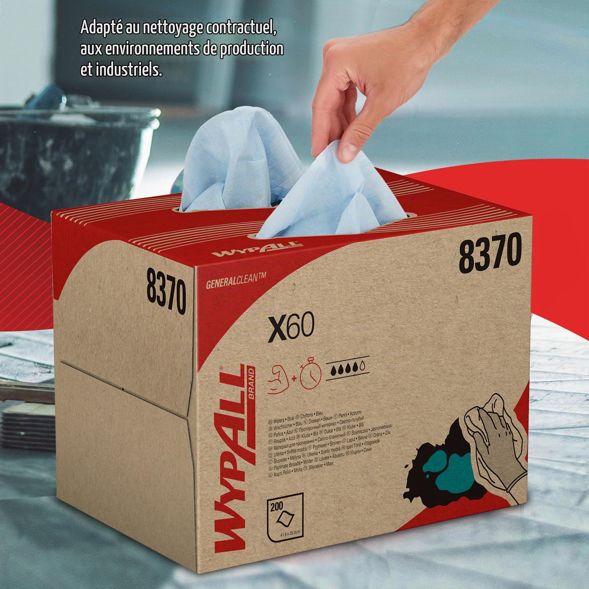 Chiffons WypAll X60 General Clean 8370 - Chiffons de nettoyage bleus - 1 boîte BRAG x 200 chiffons d'essuyage (200 au total)
