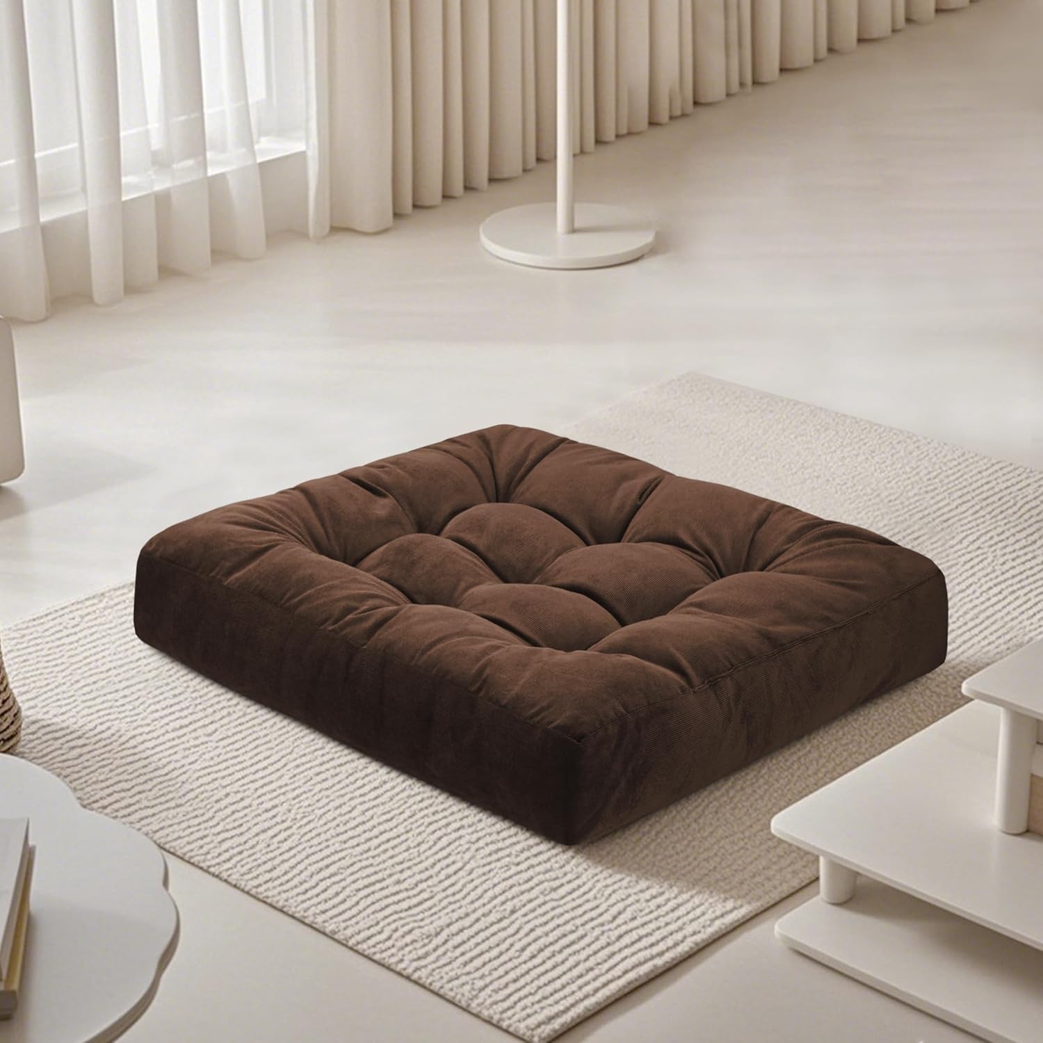 Meditation Floor Pillow 22×22 Inch 2 Pack Large Floor Cushions for Adults Square Tufted Corduroy Floor Pillows for Yoga Living Tatami Room Beige