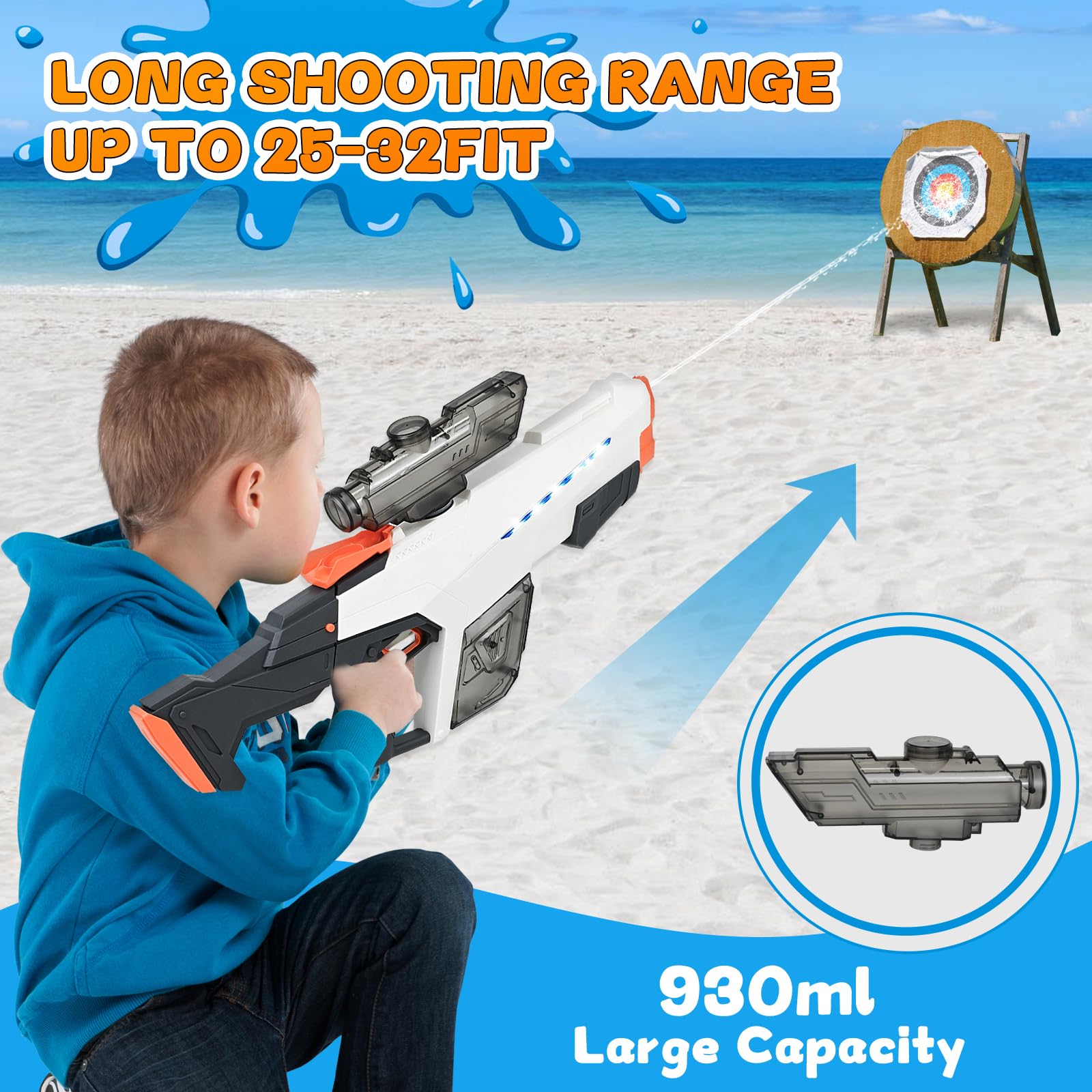 Pistolet à Eau Électrique 930ML - Portée 8-10m, Succion Automatique, Jouet Rechargeable USB Pour Piscine Et Plage