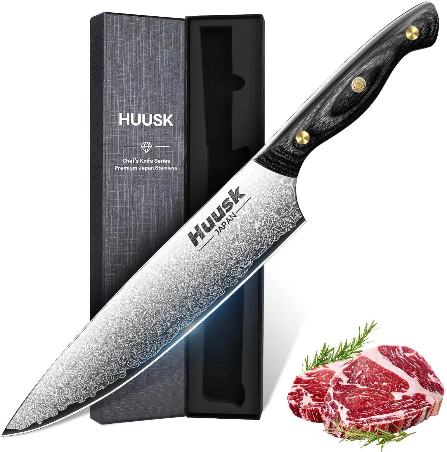 Huusk Damascus Chef Knife 8 Inch, VG10 Kitchen Knives, Sharp Cooking Knife With Ergonomic Wooden Handle For Vegetable Fruit And Meat Cutting, Christmas Gift for Men and Women