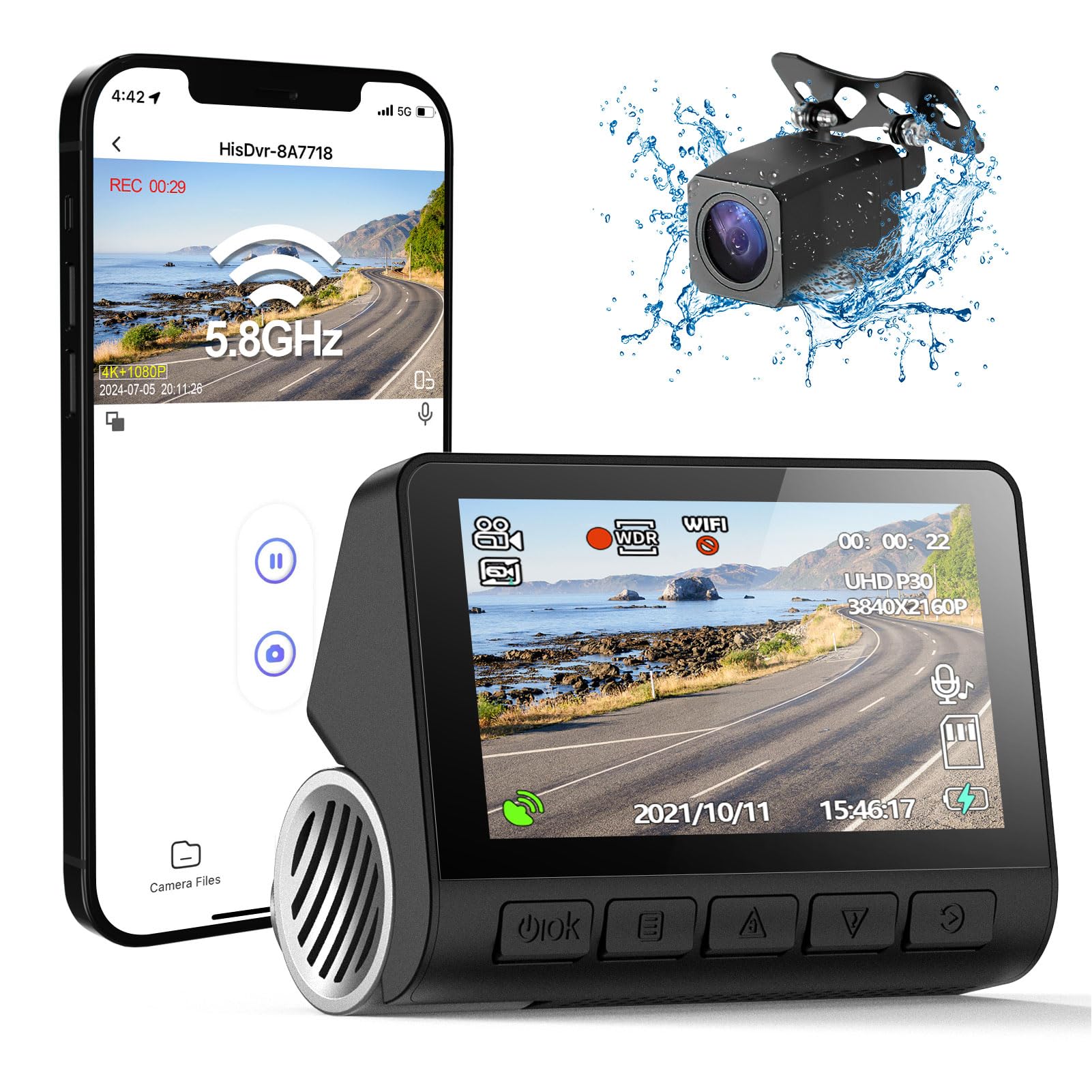 Dash Cam, Telecamera per Auto Anteriore e Posteriore 4K con Fotocamera Posteriore Ribaltabile 1080P, WiFi 5GHz Integrato, Schermo da 2,0 Pollici, Registrazione in Loop,