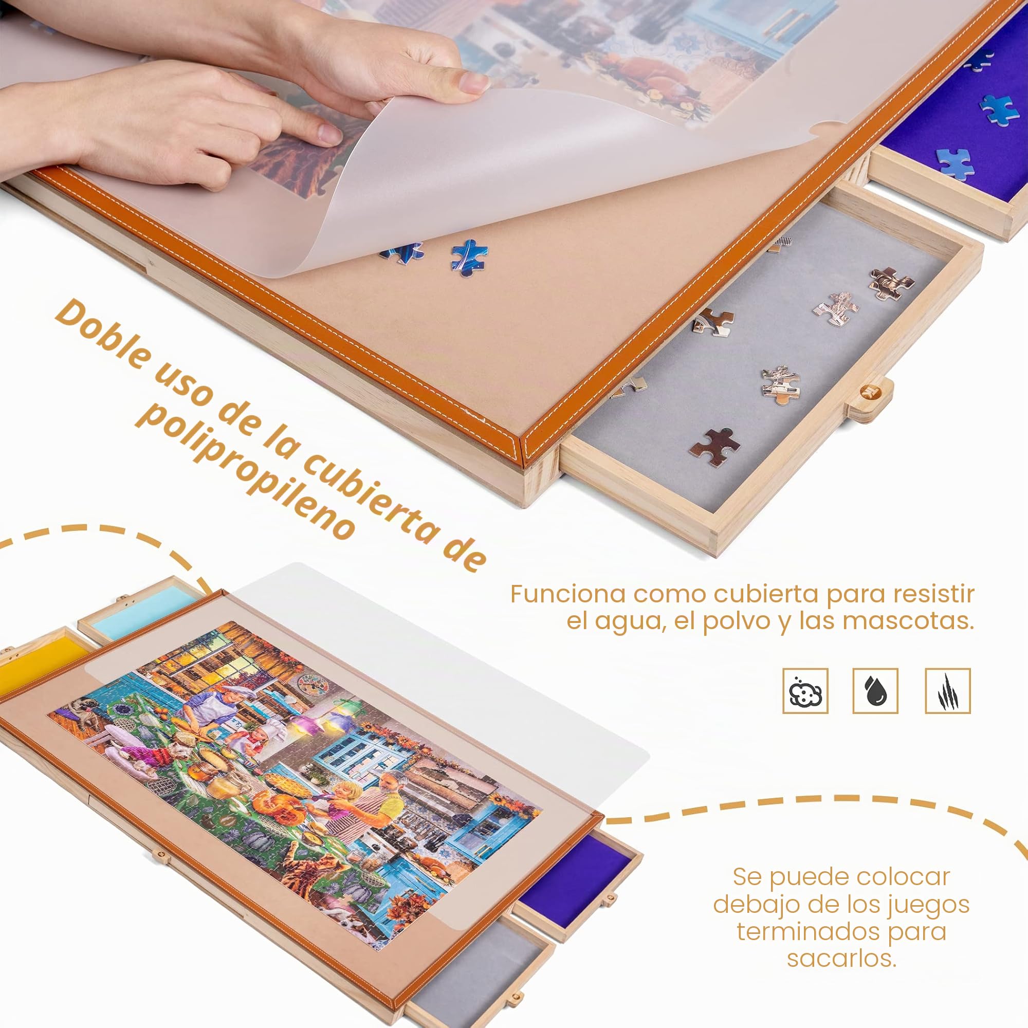 Tektalk Mesa de Rompecabezas con Barra de Cuero, Meseta de Madera portátil con Soporte Ajustable Integrado y Cubierta extraíble, 4 cajones de clasificación, para hasta 1500 Piezas