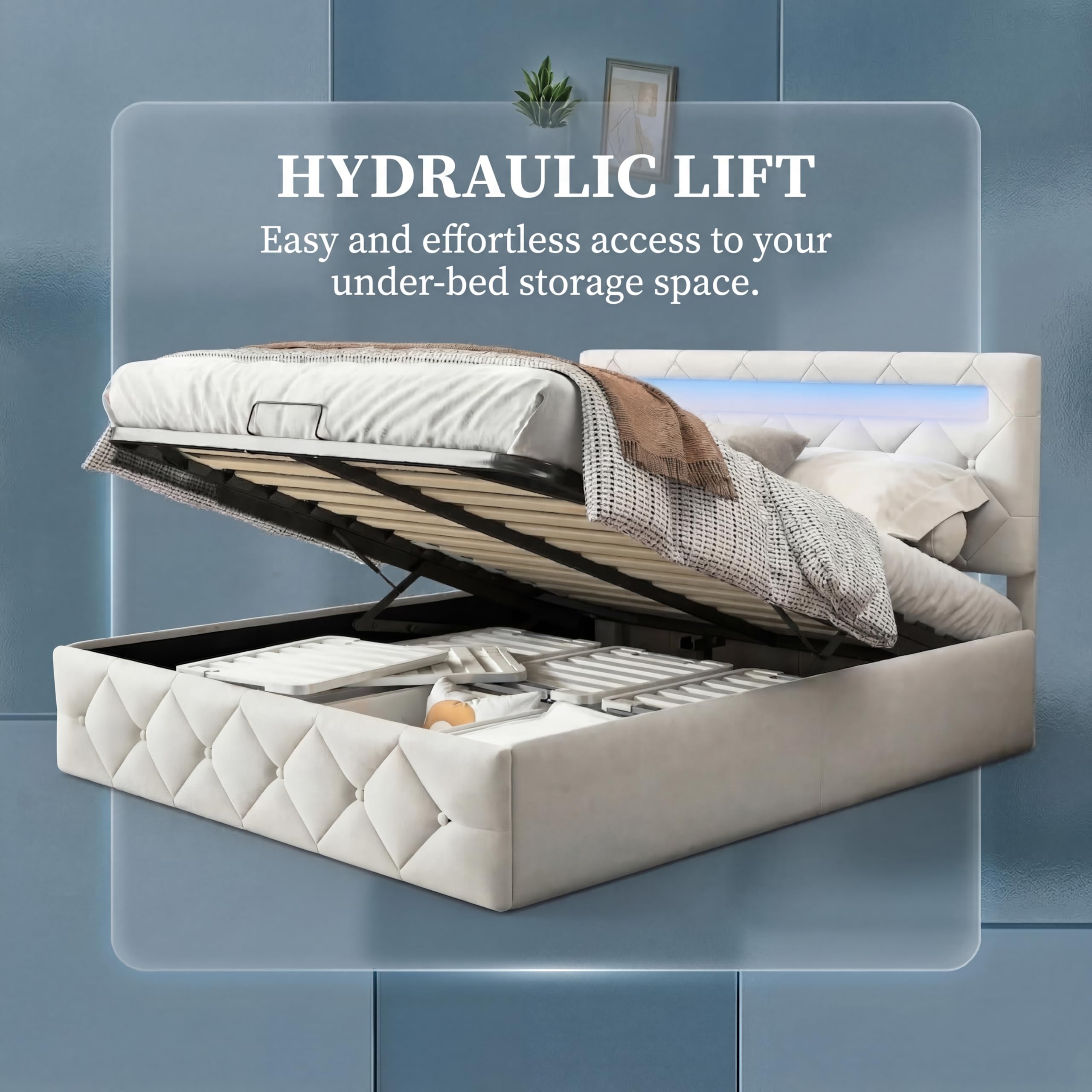 Polsterbett 160x200 mit LE/D, Doppelbett mit Stauraum und Lattenrost,Funktionsbetten mit Verstellbares Kopfteil,Hydraulisches Bett,Bettgestell,Jugendbett,Samt(Beige D, 160x200cm)