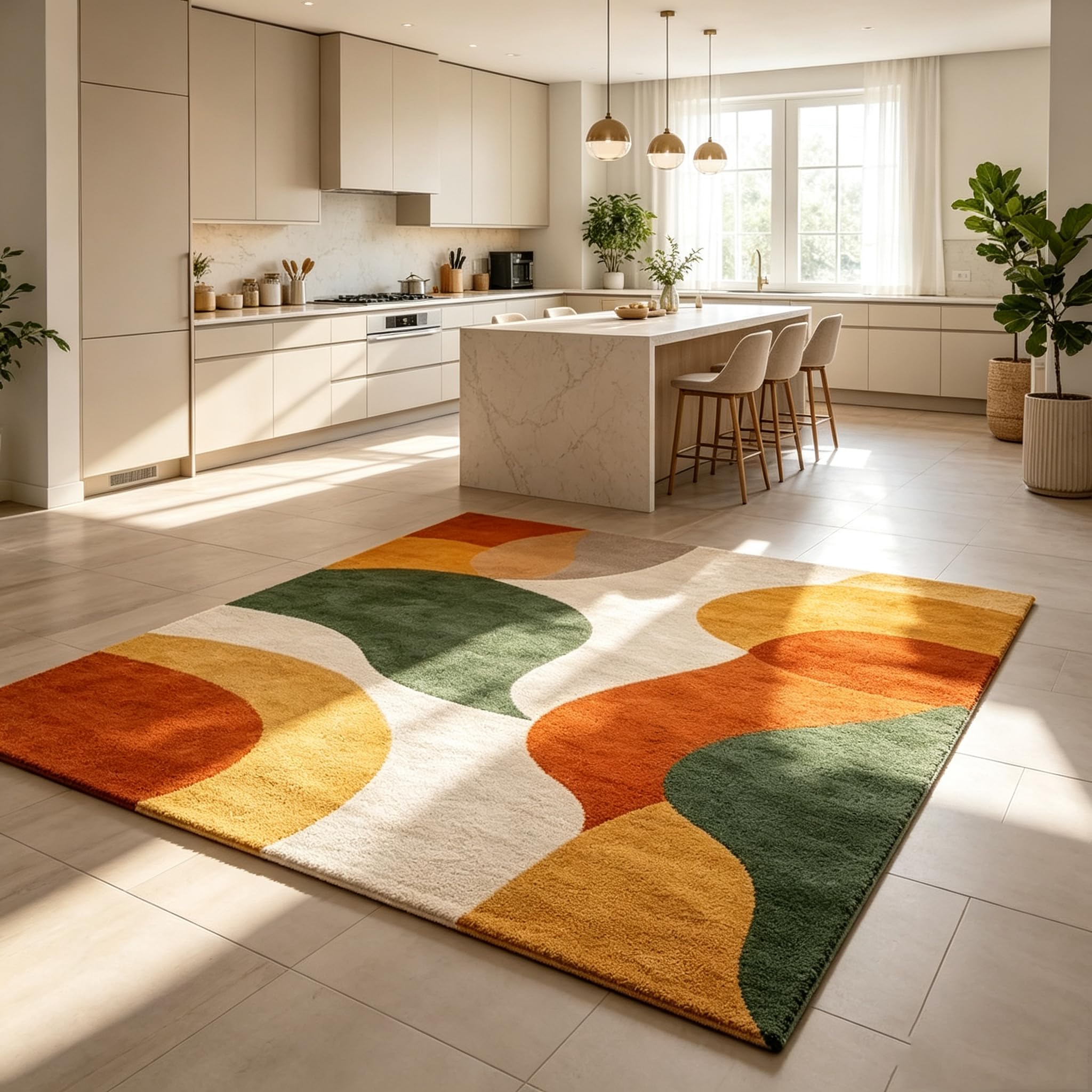 Tapis géométrique Moderne Lavable 120 x 140 cm, Motif Abstrait coloré, Tapis de Sol antidérapant pour Salon, Chambre, Bureau ou Salle à Manger. Fin.
