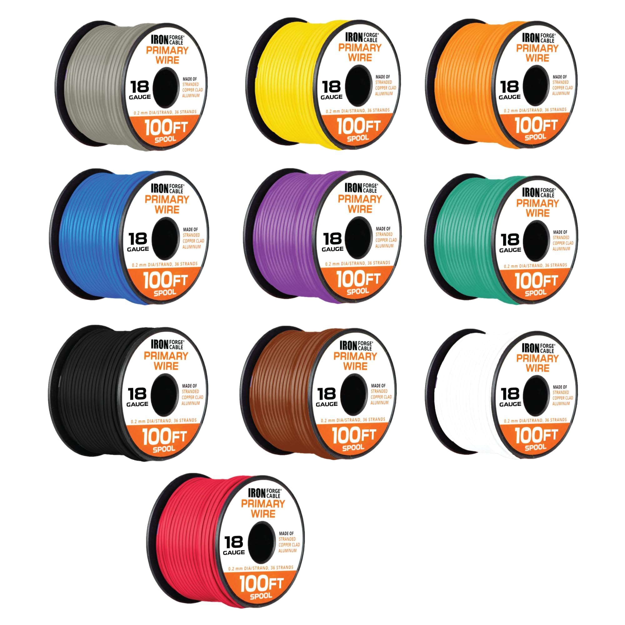 IRON FORGE CABLE 18 Gauge Primary Automotive Wire - 10 Roll Assortment Pack - 100 Ft of Copper Clad Aluminum Wire per Roll