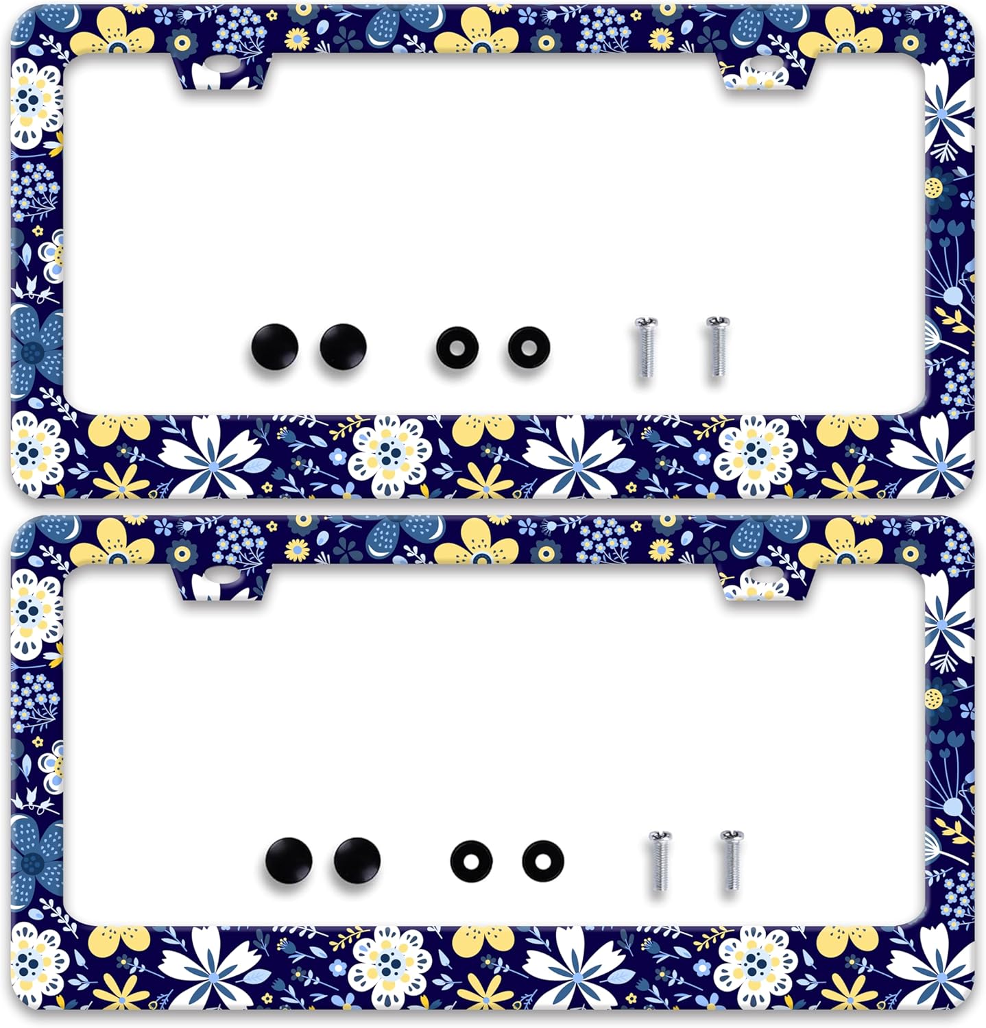 2 Pcs Colorful Flowers License Plate Frame Floral License Plate Holder Personalise Stainless Steel Funny Design Compatible with Standard License Plate Frames for USA and Canada 6 X 12 Inch with Screws