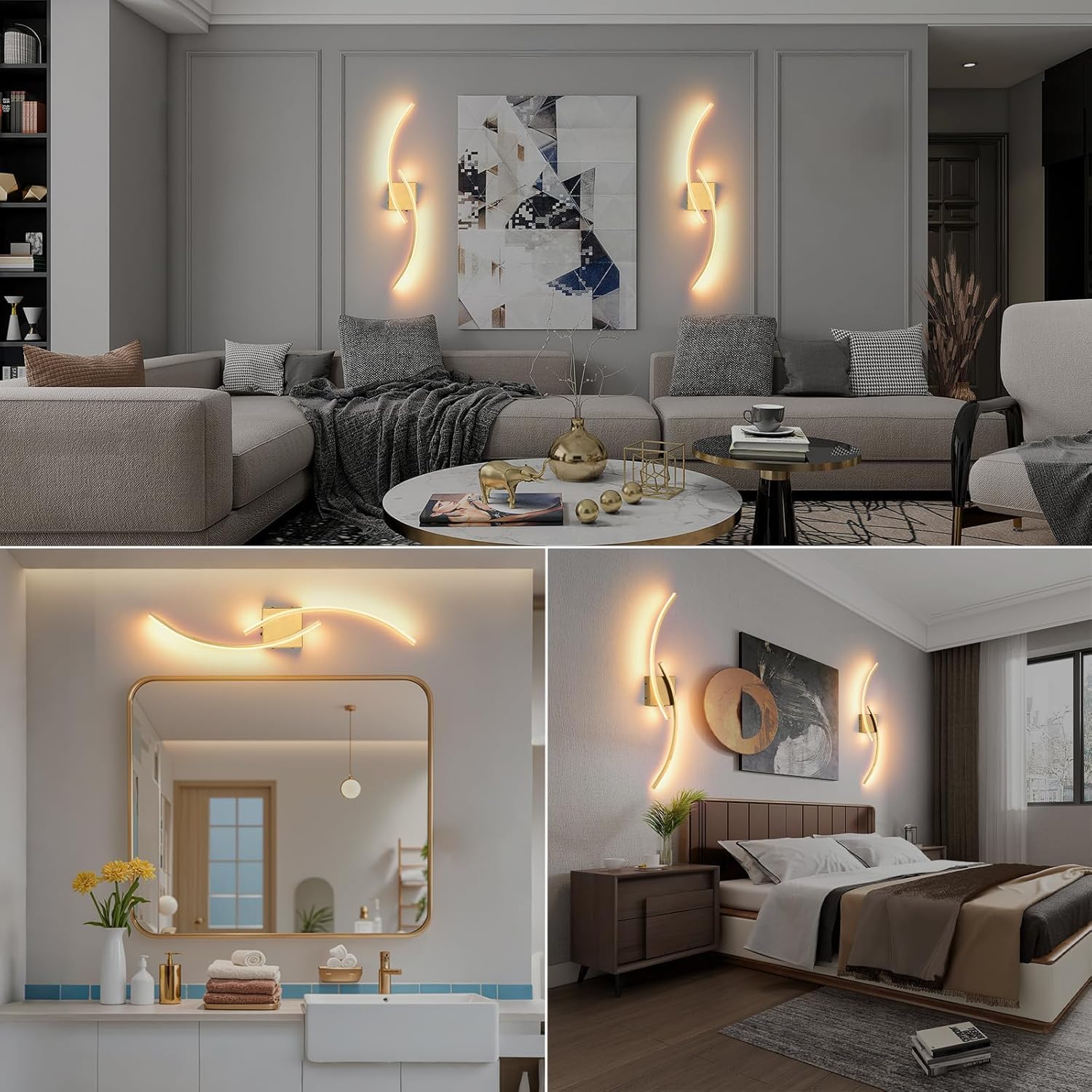 Battery Operated Wall Sconce Set of two, 3000K-6000K LED Dimmable Battery Wall Sconces with Remote Control, USB Rechargeable 31.4 inch gold Wireless Wall Lights for Living Room, Bedroom, Staircases