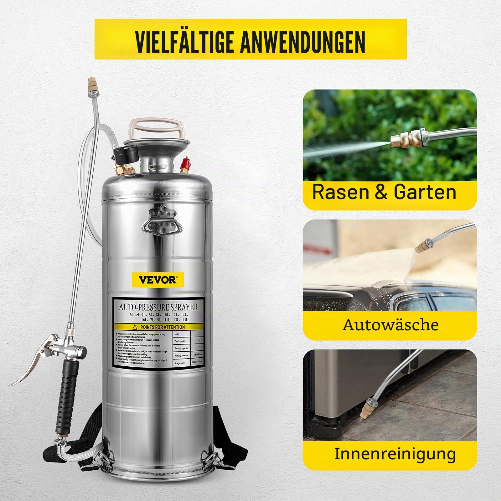 Vevor 12 l Drucksprüher, Edelstahl, Garten, Zerstäuber, für Pflanzen, für Gartenarbeit und Reinigung am Boden, geeignet für die heutigen Anforderungen in Industrie, Landwirtschaft, Handel, Medizin