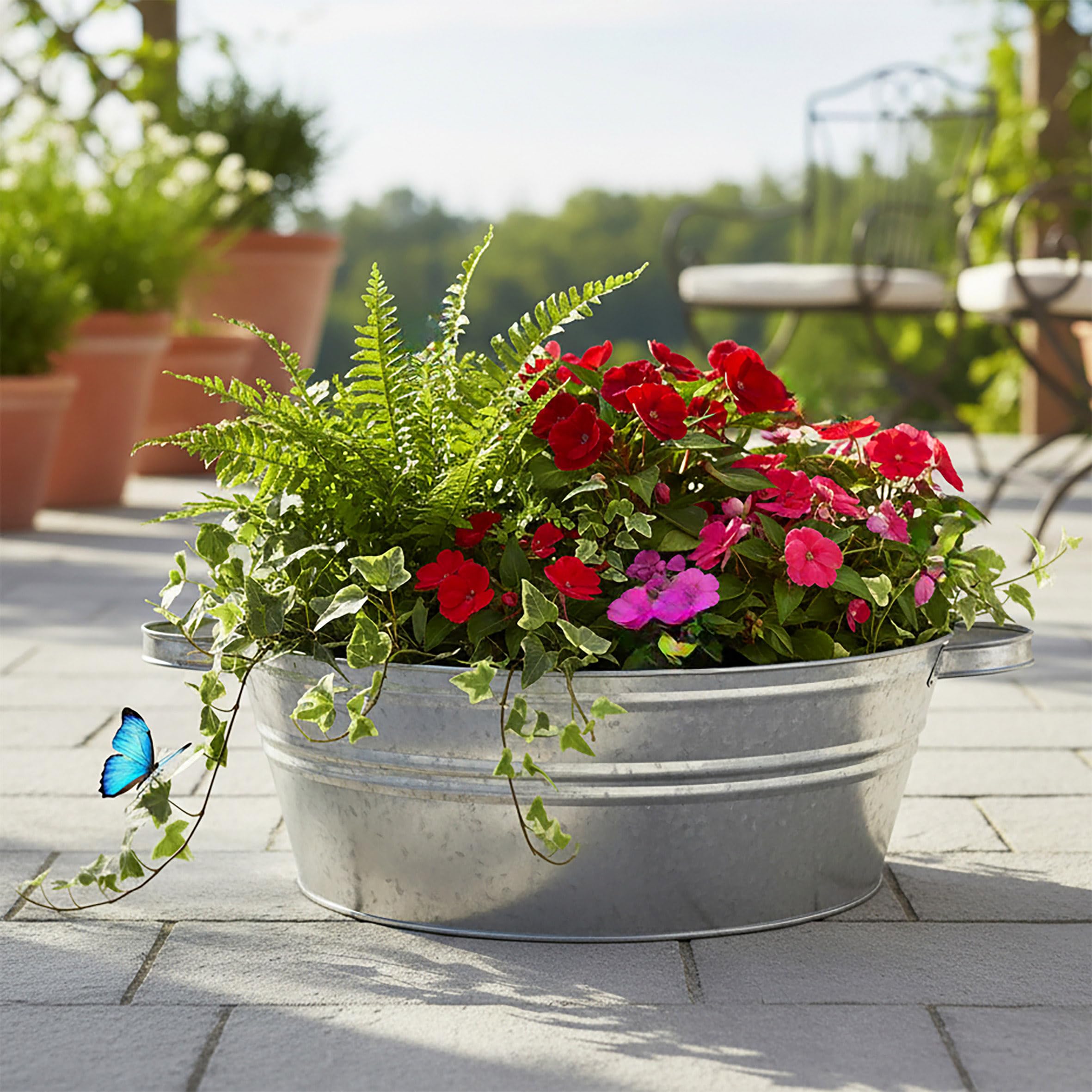 Spetebo Macetero de zinc, 13 litros, metal plateado, 40 x 14 cm, con asas | Macetero para flores, mini estanque ornamental, jardín, cuenco decorativo
