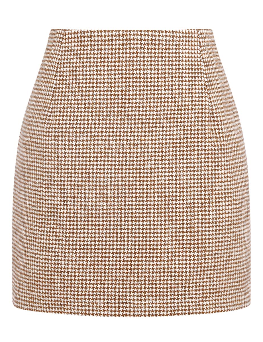 IDEALSANXUN Plaid Skirts for Women Trendy Fall Winter 2023 High Waist Bodycon Pencil Wool Mini Skirt(Grid Camel, S)