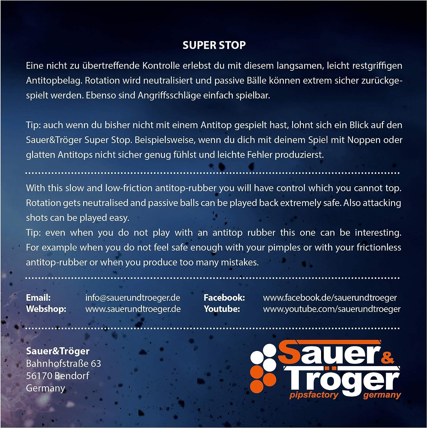 Sauer & Tröger Tischtennis Belag Anti Top | Super Stop | Rot, Schwarz | 1,5 mm 1,9 mm