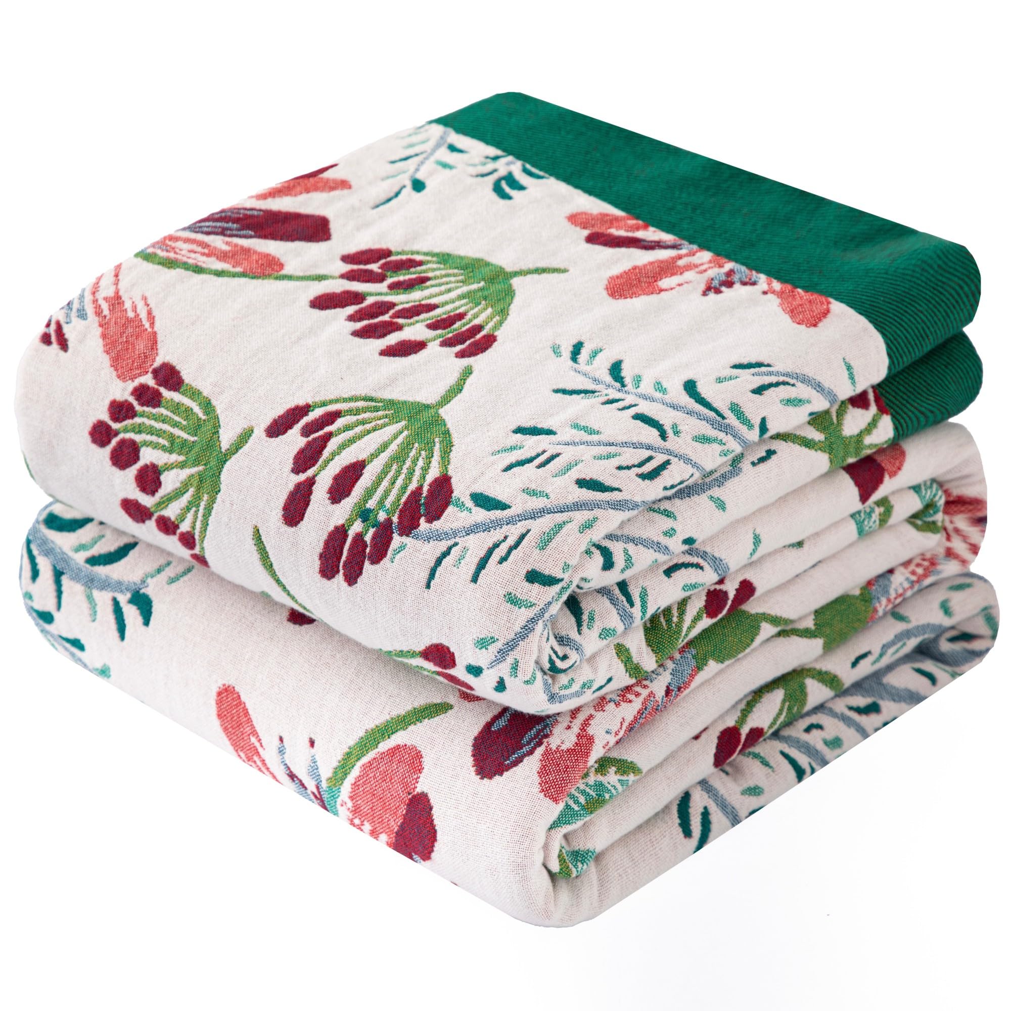 Dormilin Bohemian Throw Blanket for Sofa 150x200cm, 100% Organic Cotton Woven Picnic Blanket for Bed Couch 2-3 Seater, Soft Muslin Quilt with Floral Jacquard, Double-sided Bedspread Throws Green/White