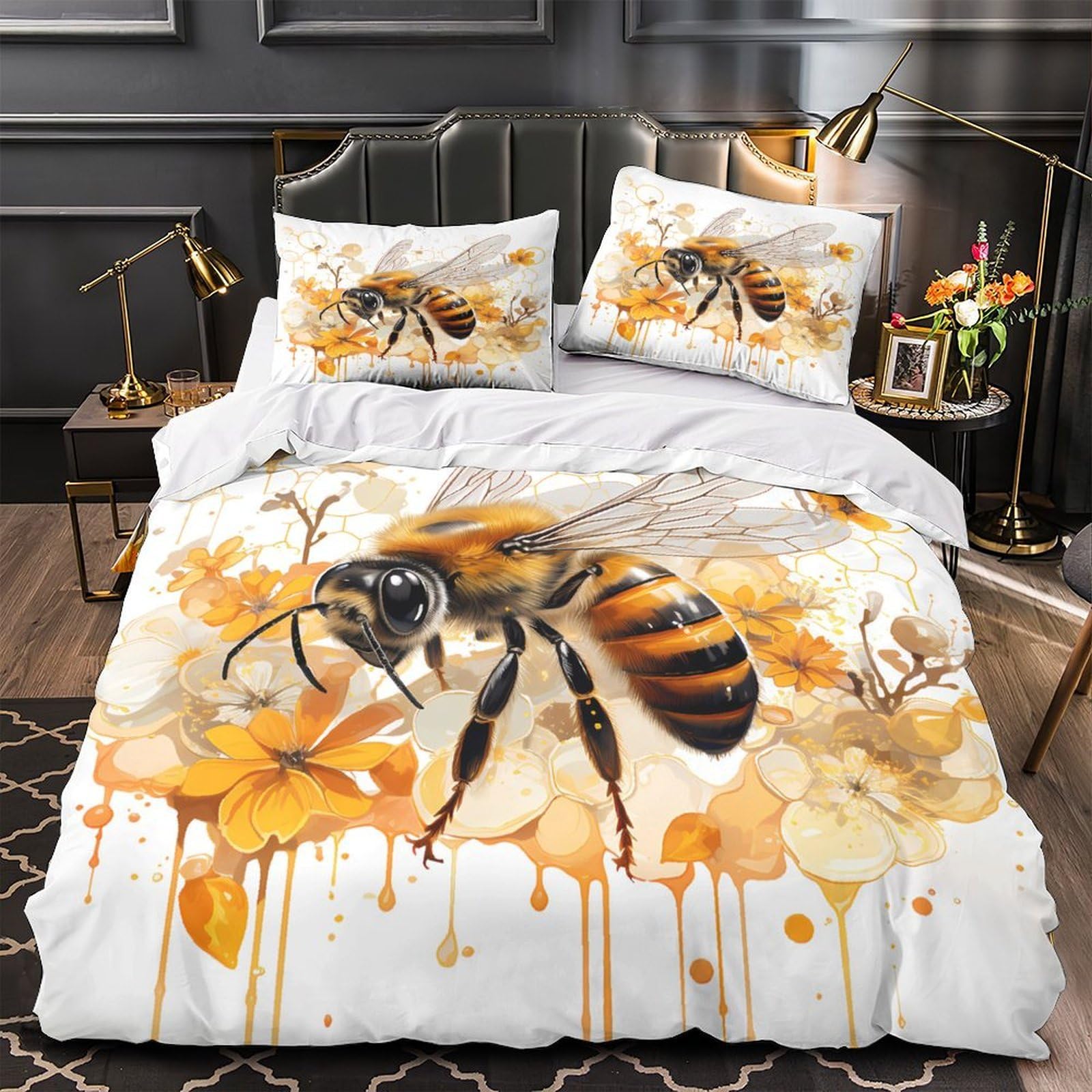 MMDASBVPE Bee Illustration Duvet Cover 3D Design Printed Hotel Quality 3 Pieces Bedding Set Zipper Quilt Cover Extra Soft Washable for Adults Kids Women Teens Youth Girls Single（135x200cm）